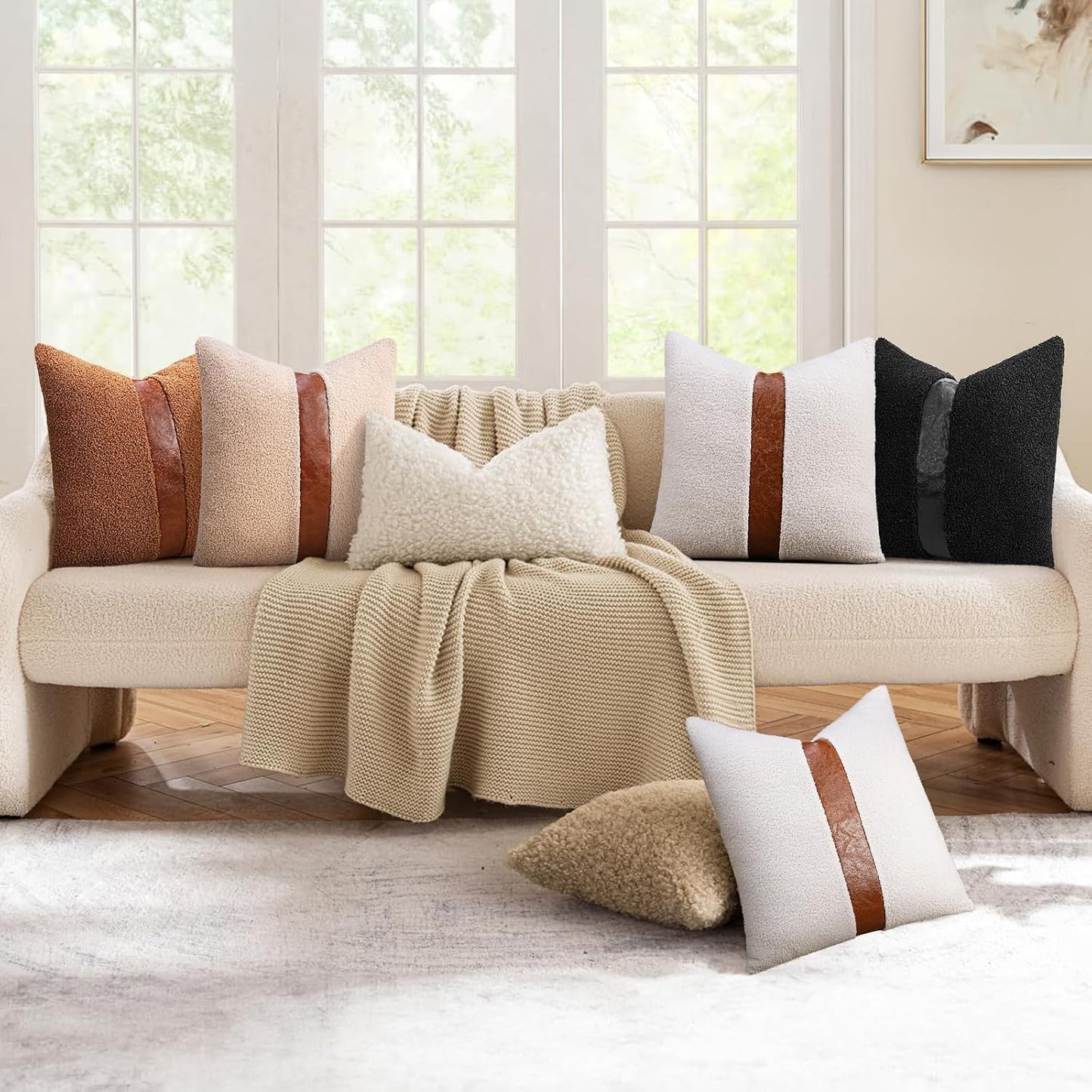 Teddy Boucle Decorative Throw Pillow Covers Faux Leather Striped / Cream / 18 x 18 / Set of 2