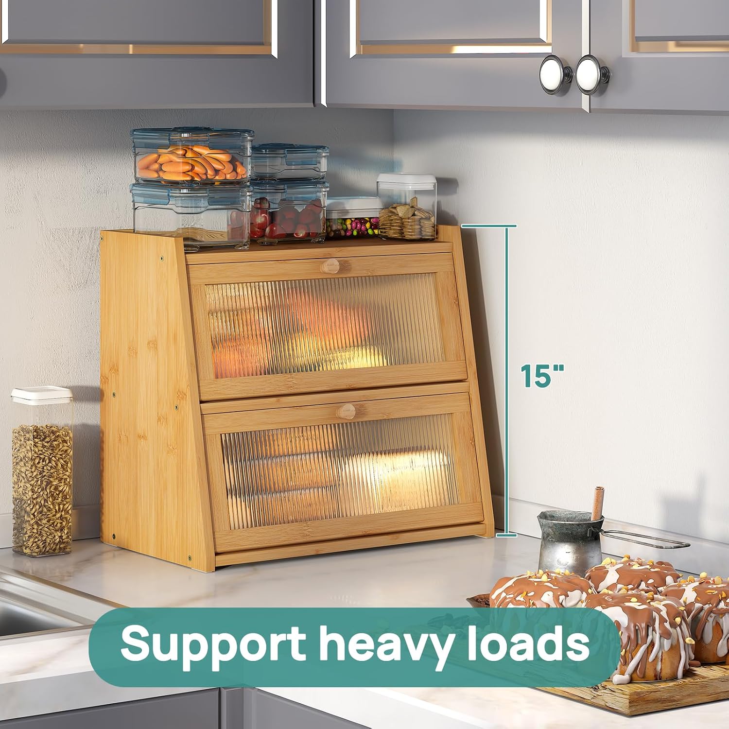 viewcare Bread Box for Kitchen Counter, Double Layer Large Bamboo Wood Bread Box, Bamboo Bread Storage Container with