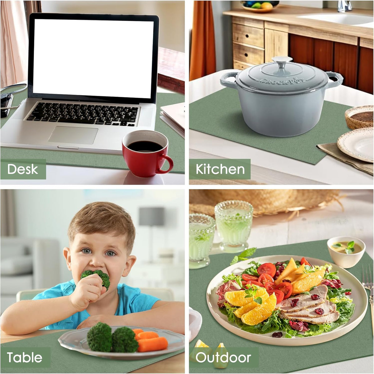 MANSPHIL Sage Green Placemats Set of 6 13x19 Cotton Faux Linen Place Mats | Washable Green Cloth Table Mat, Oeko Tex