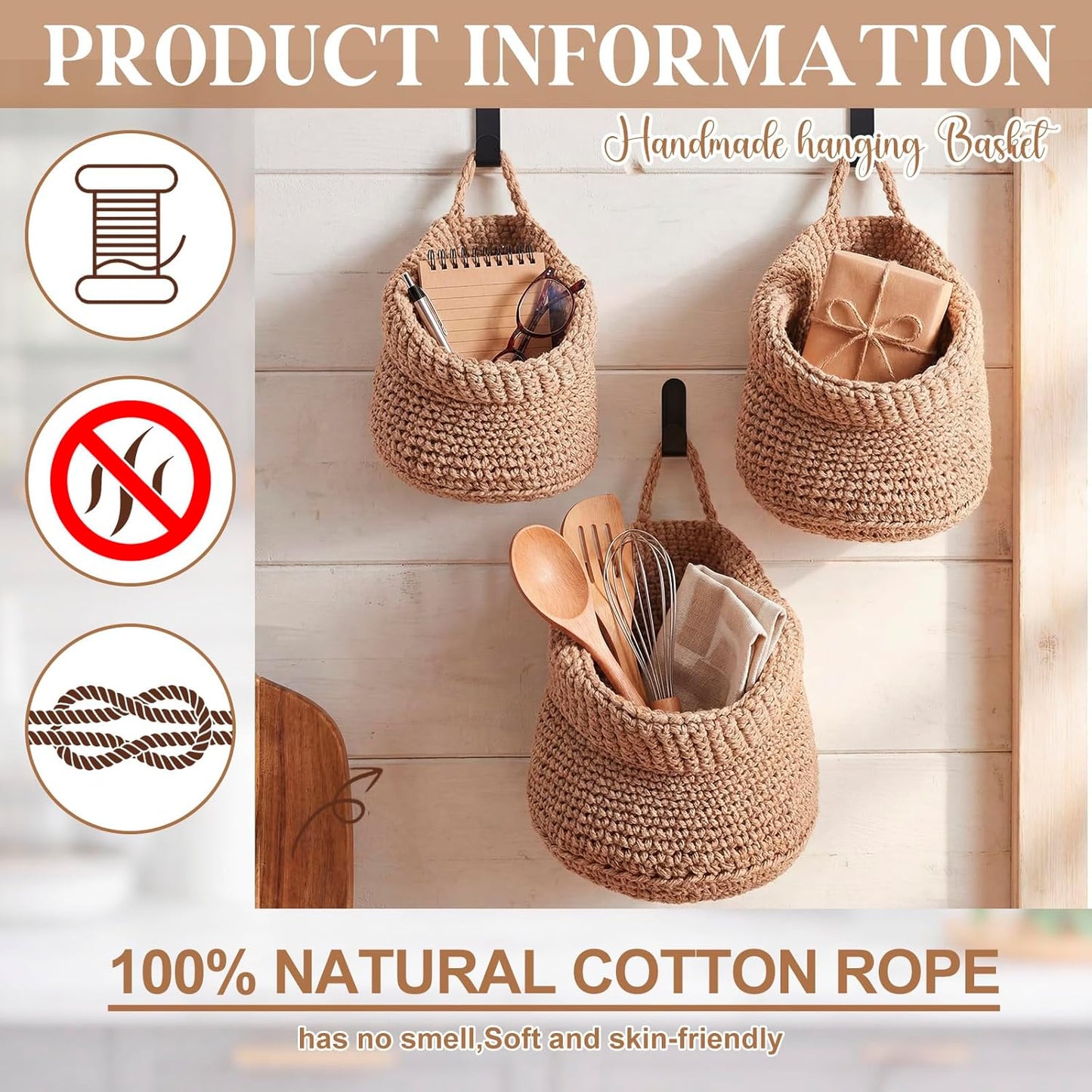 Boho Decor Hanging Wall Baskets / Linen / Cotton Rope / Barrel / Set of 3