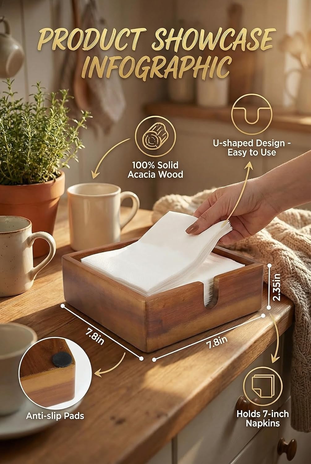 Acacia Lunch Napkin Holder for Dining Table / 7 x 7 x 1.5 / Inch Lunch Napkin Holder / Brown