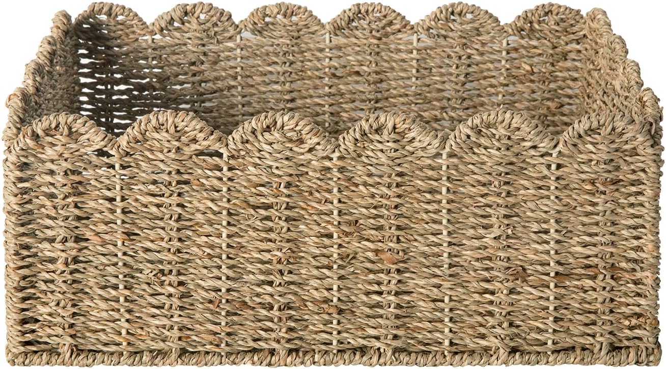Scalloped Basket / Hand Woven Baskets / Sage Green / M