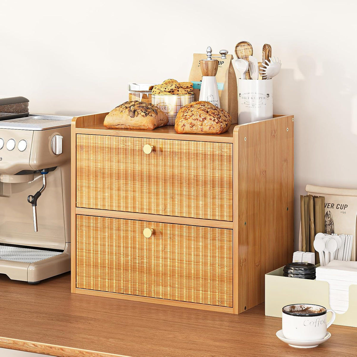 Trironsun Rustic Bread Box for Kitchen Countertop Bamboo Bread Storage Container Bin Double Layer BreadBox Farmhouse