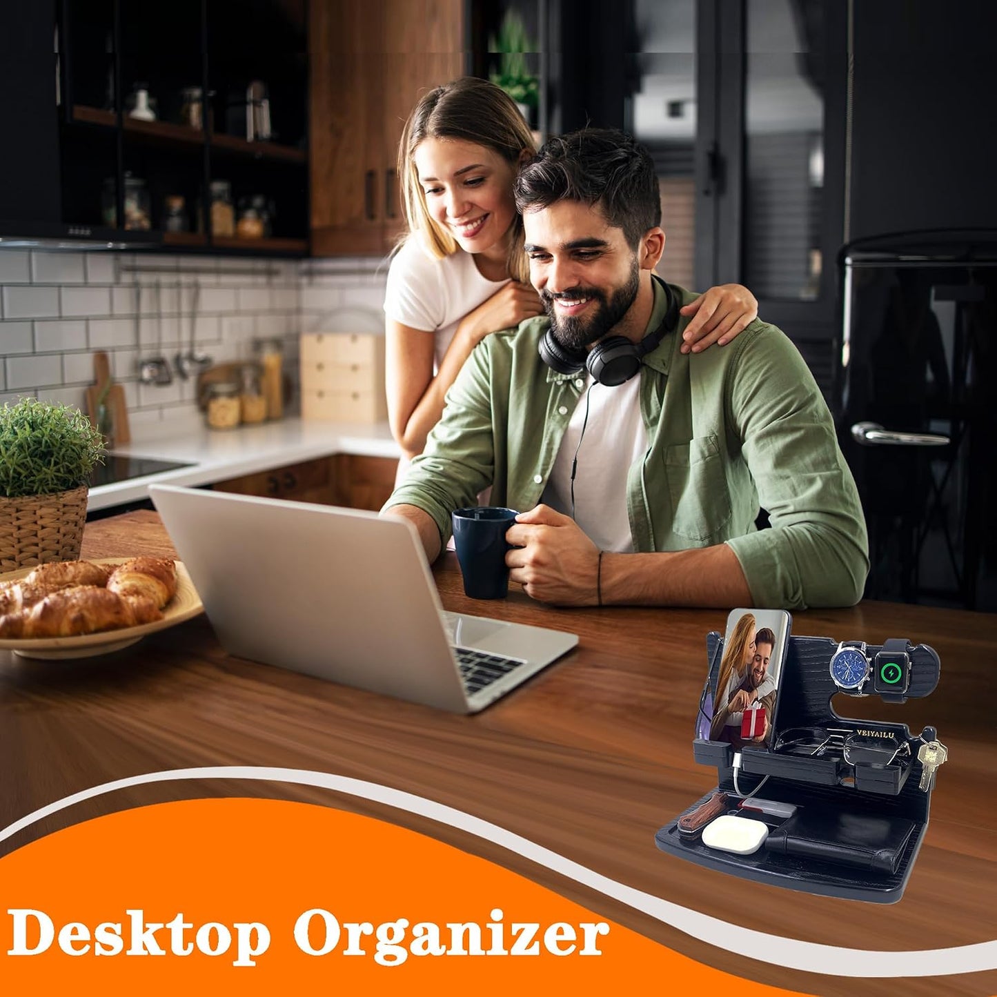 Gifts for Men Dad Women Husband Boyfriend Him Nightstand Organizer for Men Wood Phone / Black