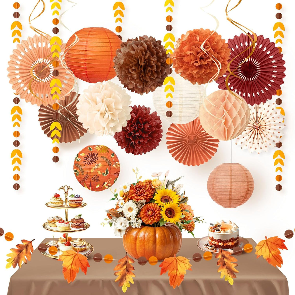NICROHOME EUR Fall Thanksgiving Decor with Pom Poms Lanterns Fans Garlands