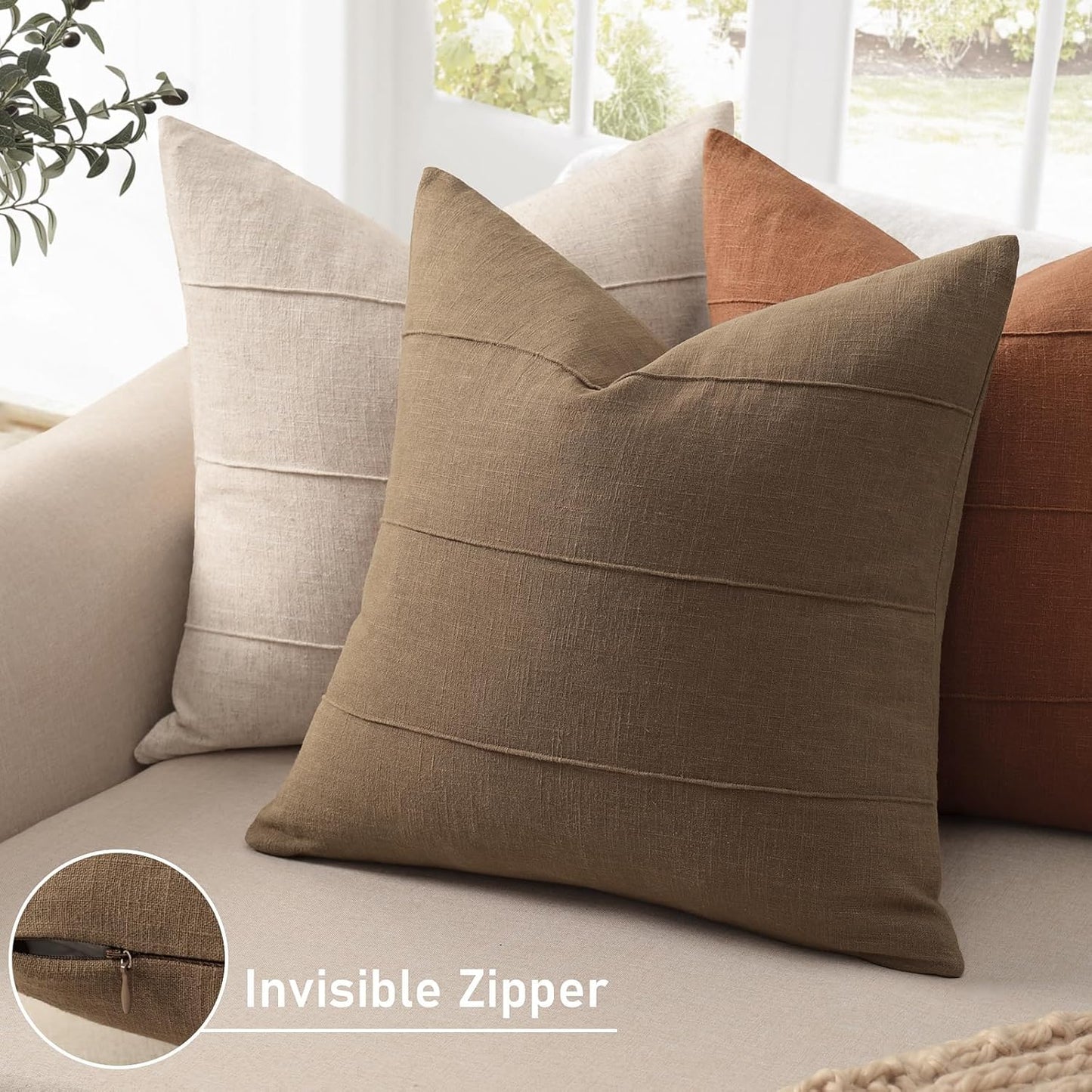 Decorative Linen Throw Pillow Covers Solid Handcrafted Striped / Coco Brown / 18 x 18 / Set of 2
