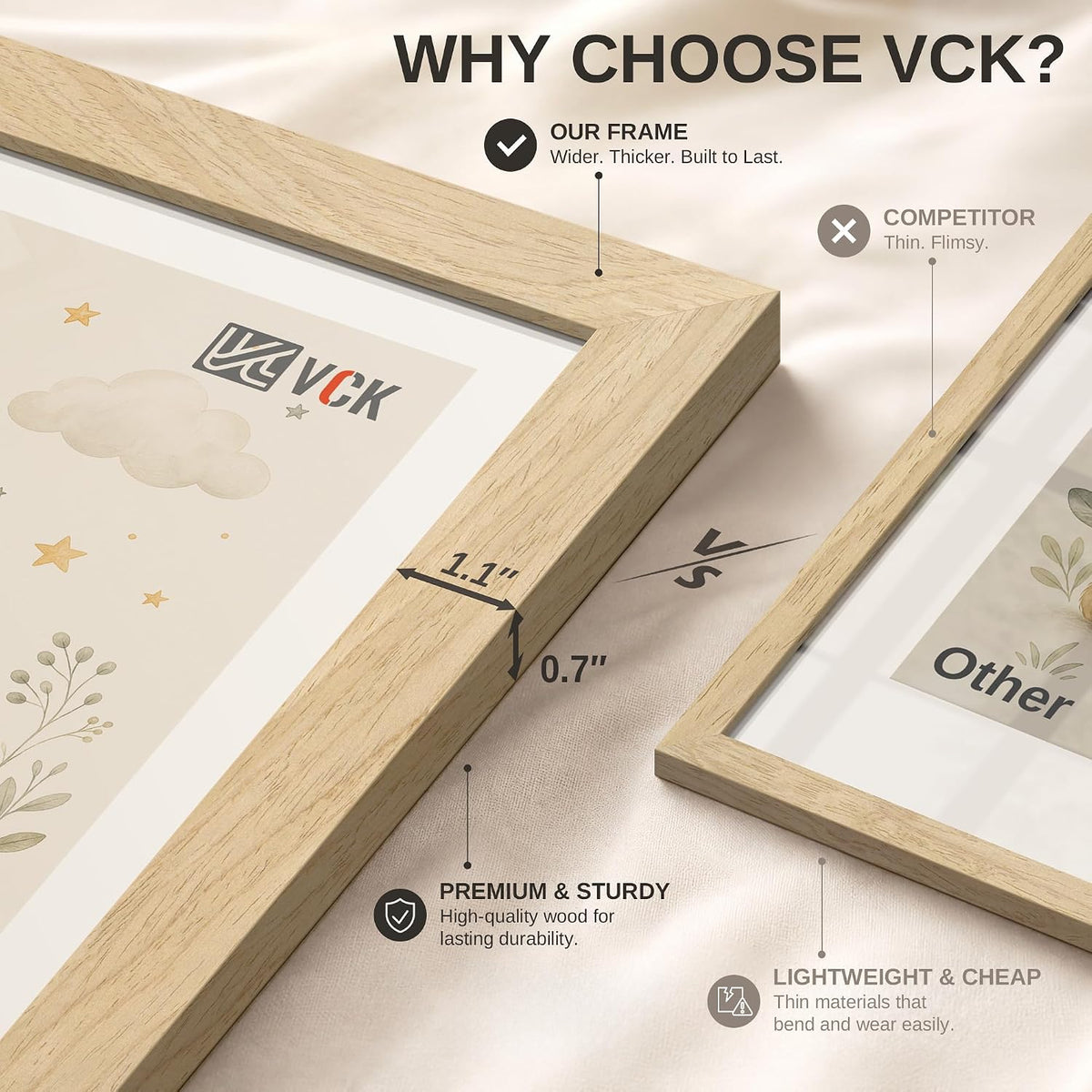 VCK 9x12 Picture Frame Set of 3, Natural Solid Wood, Wall/Tabletop Display | Wide Border, Light Woodgrain, Shatterproof