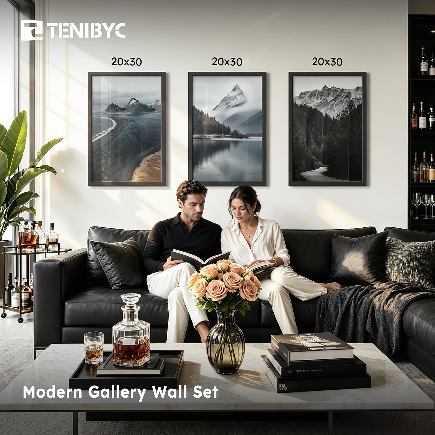 20x30 Poster Frame, Black Wood, 3 Pack, Wall Hanging for Picture | Thick Polished Plexiglass, Large Movie Poster Frame