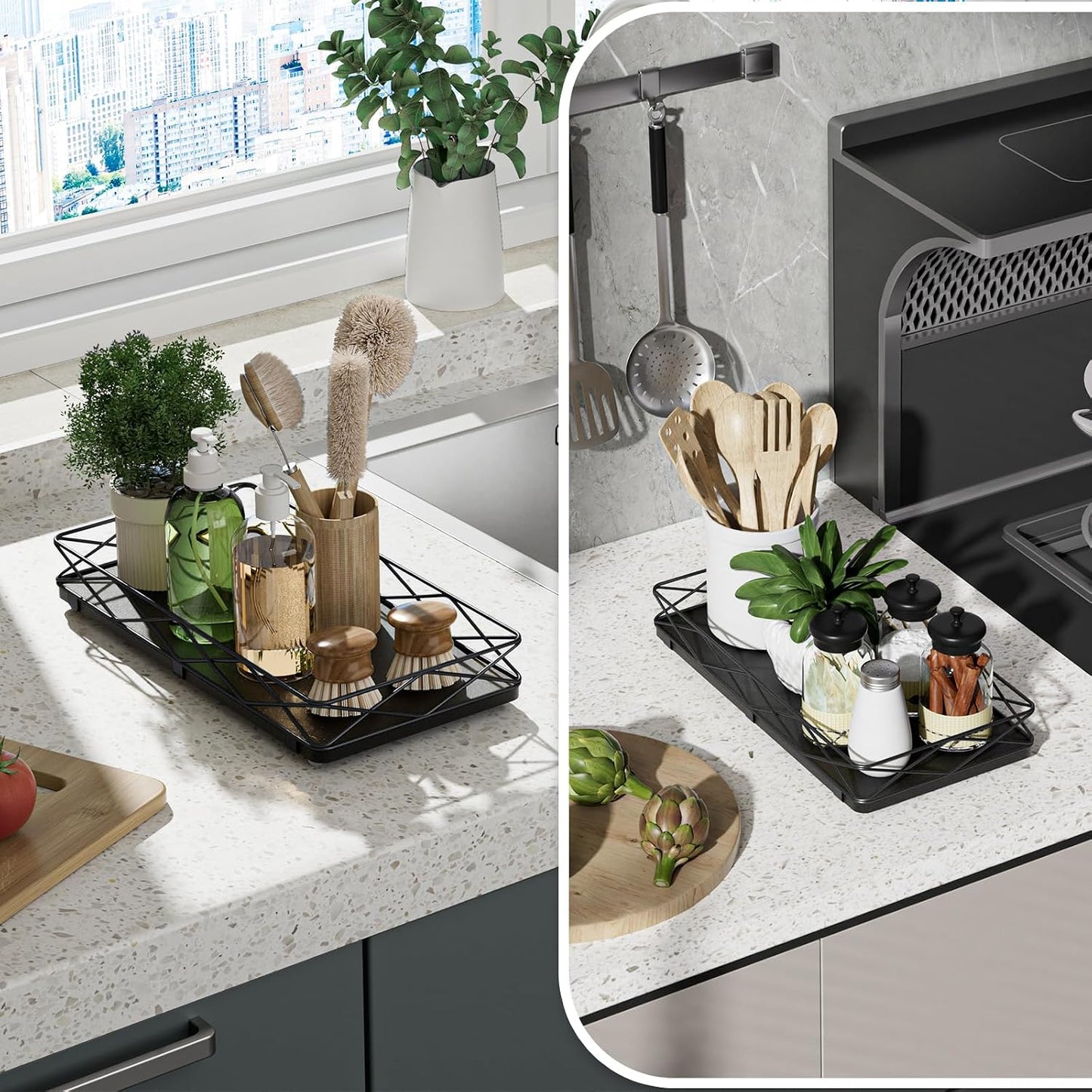 Wood and Metal Toilet Tray Vanity Organizer Bathroom Tray / Black