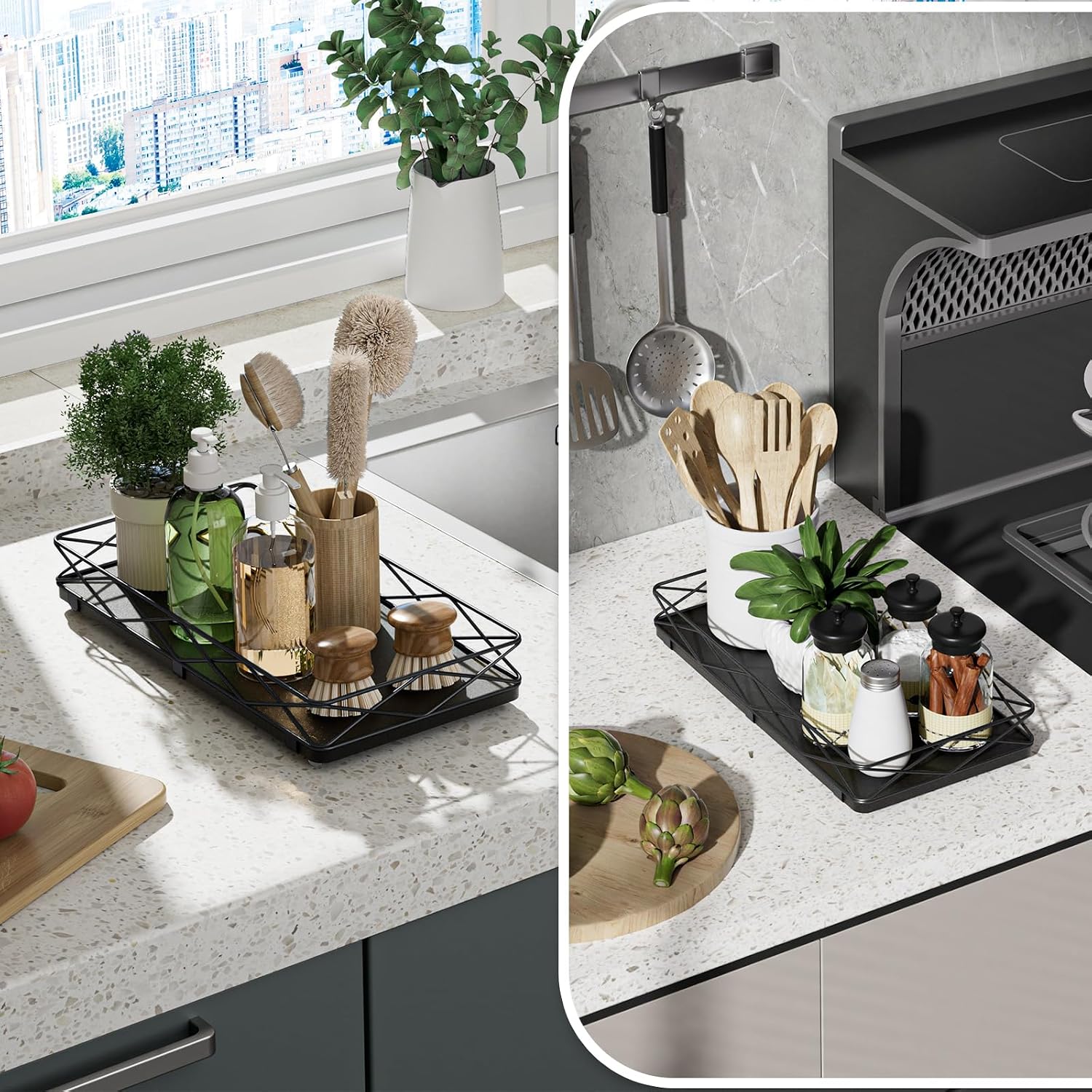 Wood and Metal Toilet Tray Vanity Organizer Bathroom Tray / Black