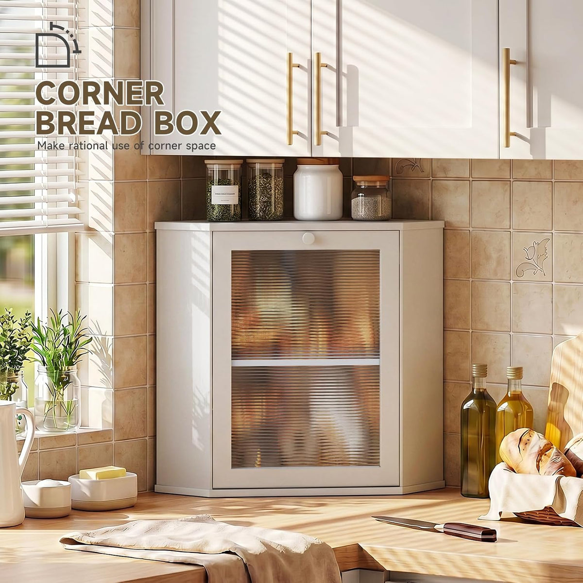 Bread Box for Kitchen Corner Countertop,Large Bread Basket (White, X-Large) | Double Layer Bamboo Bread Storage
