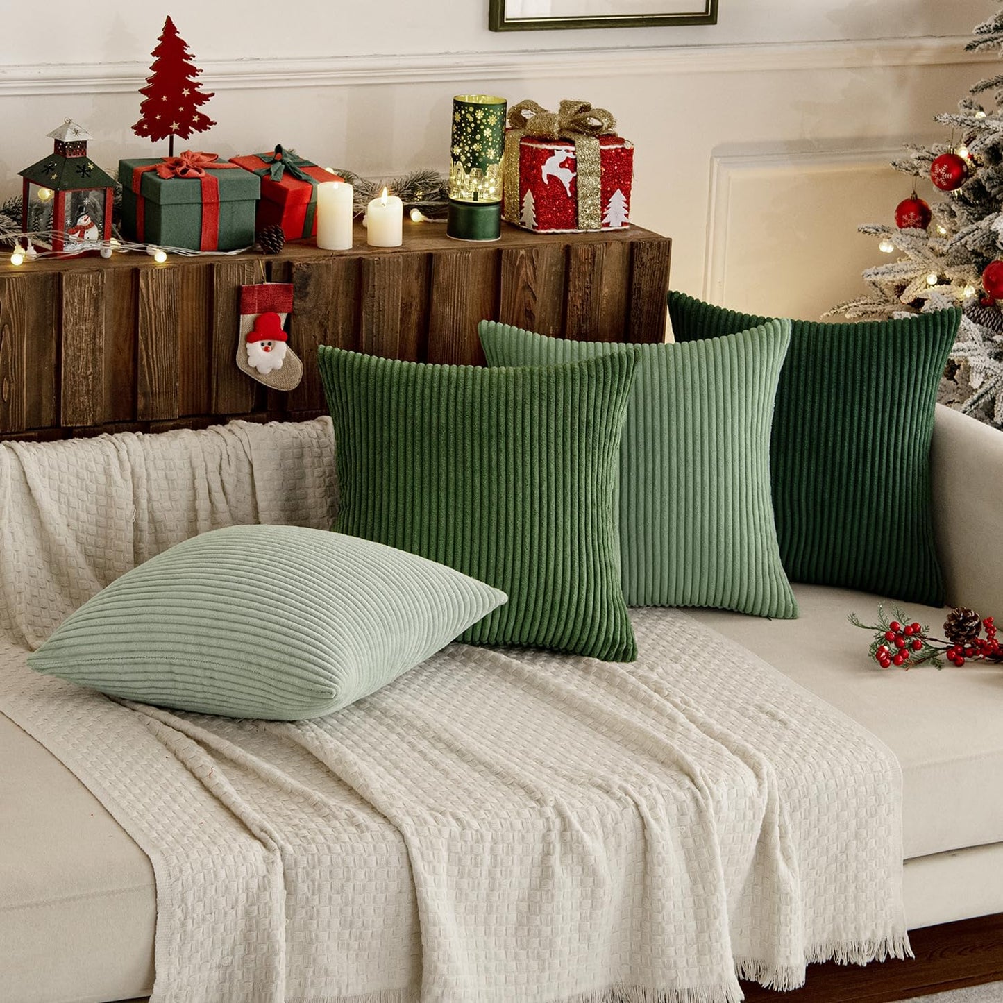 Boho Farmhouse Sage Green Throw Pillow Covers Mordern Nordic / 18 x 18 / Forest Green / Set of 4