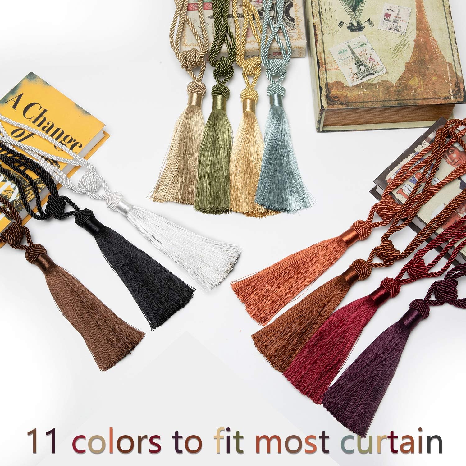 BEL AVENIR 4 Pack Curtain Tiebacks Hand-Woven Tassels Holdbacks | Blue, Elegant, Home Decorative Tassels Ties for