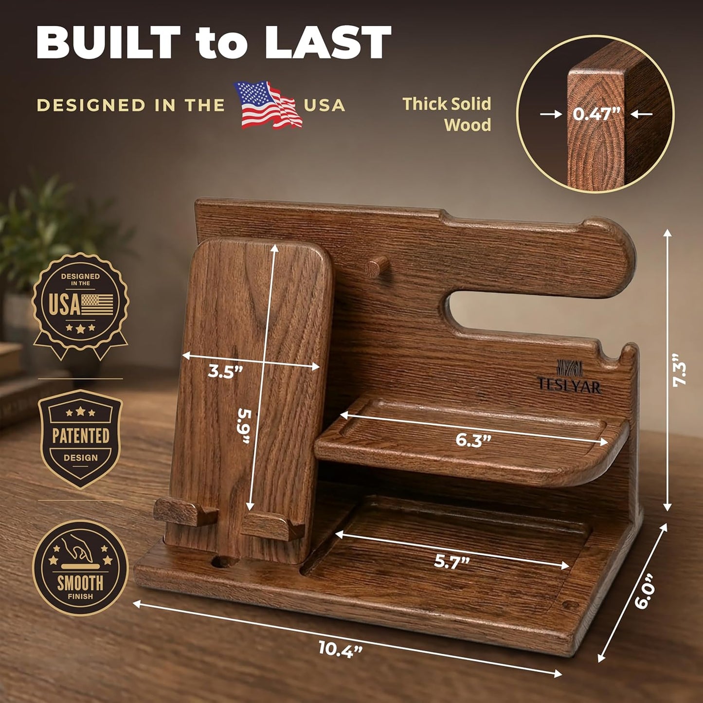 TESLYAR Wood Phone Docking Station for Men - Desk or Nightstand Organizer - Birthday Gifts for Husband or Dad