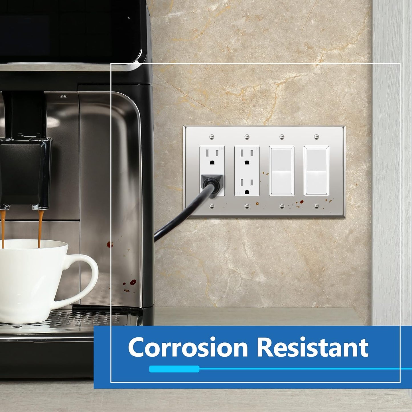 LIDER Decorator Switch or Receptacle Metal Wall Plate, Mid-Size 4-Gang | Stainless Steel, Corrosion Resistant, Outlet