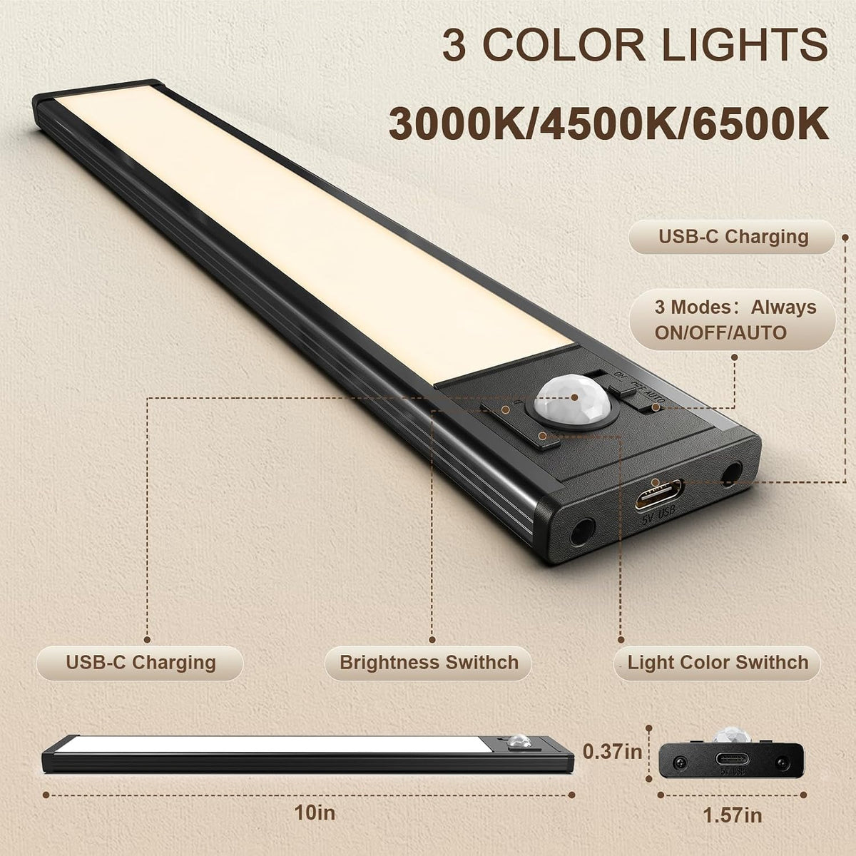 6Pack Under Cabinet Lighting Rechargeable -10" Ultra-Thin Black 3 Color Temps Super Bright, Motion Sensor, Long Lasting