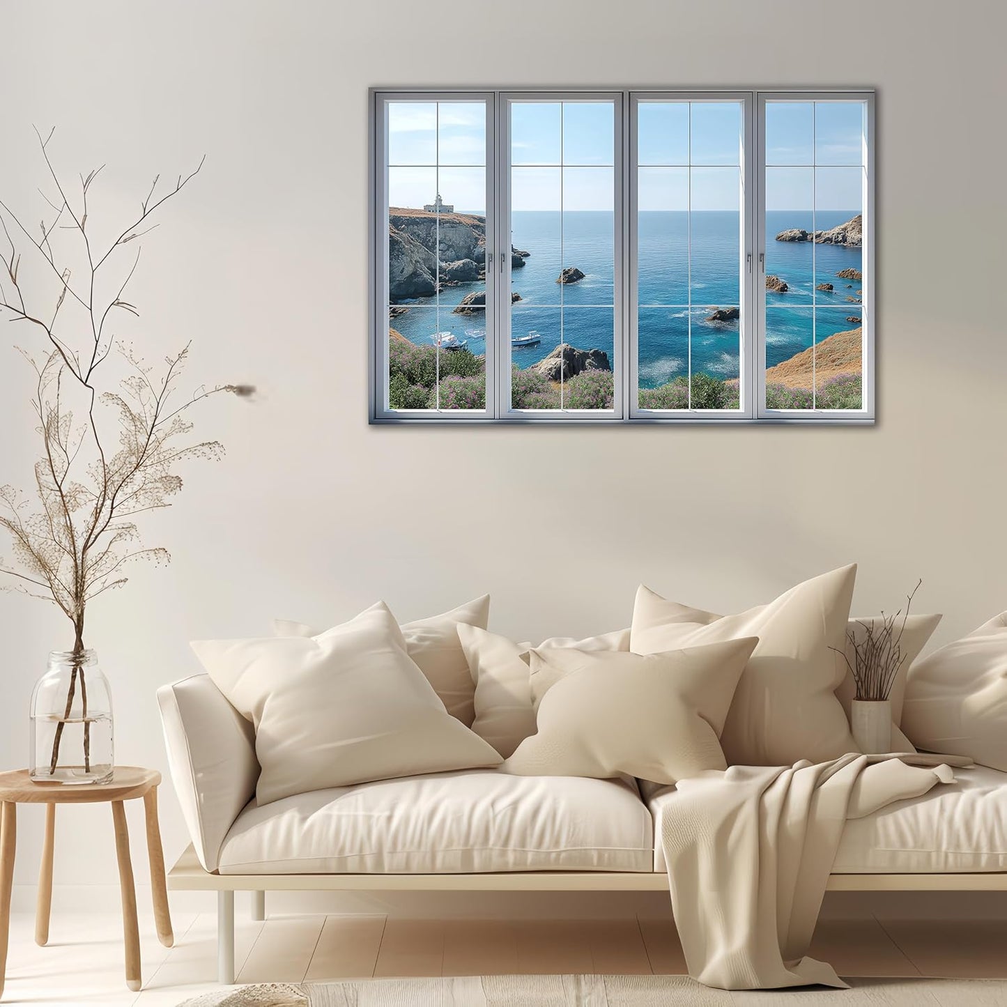 Peel and Stick Fake Window Wall Sticker / Coastal Cliff and Blue Sea / 24'' x 36
