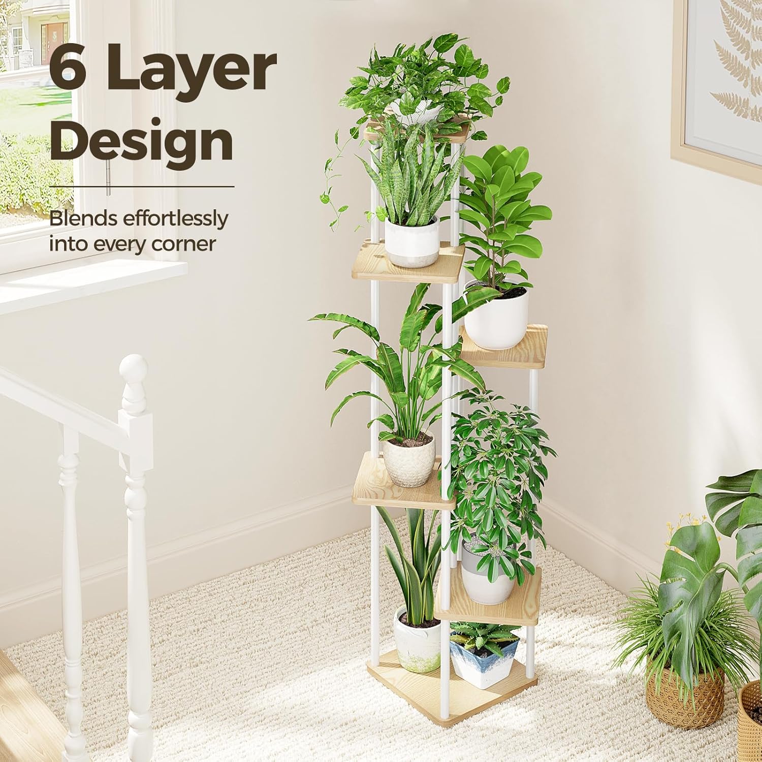 Bamworld White Plant Stand Indoor Tall Metal Wood Plant Shelf | 6 Tier Flower Stand for Patio Garden Balcony Living