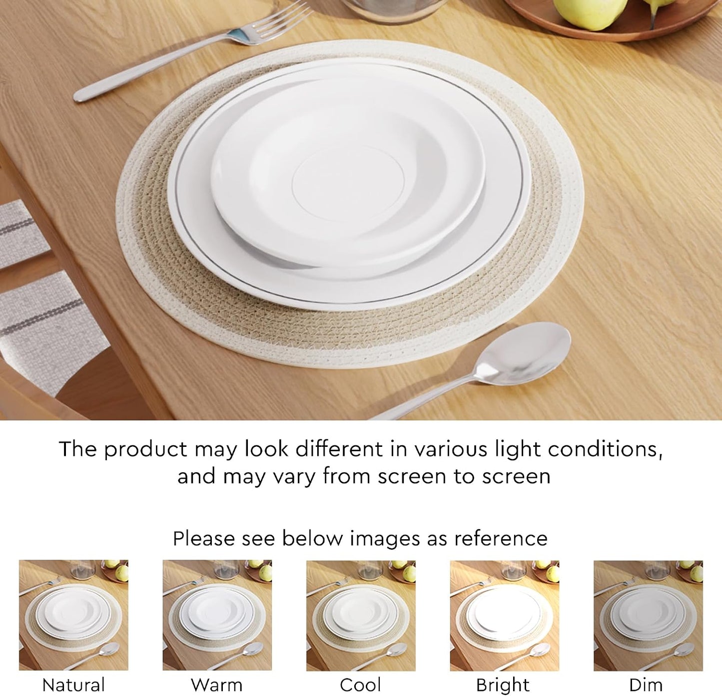 Encasa XO Placemats, Round Cotton Dining Table Mats 13" | Beige & Off White, Handcrafted Ribbed Texture | Heat