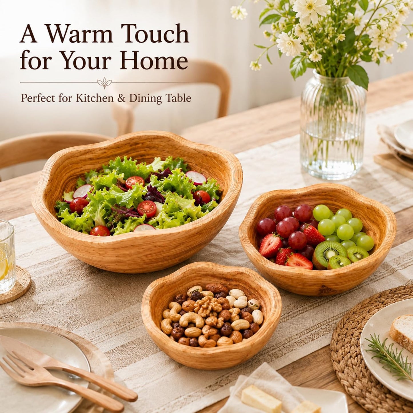 Wooden Bowls Decorative 8"-14" Handmade Wood Fruit Bowl Creative 3 Sizes Rustic / Natural / Set of 3