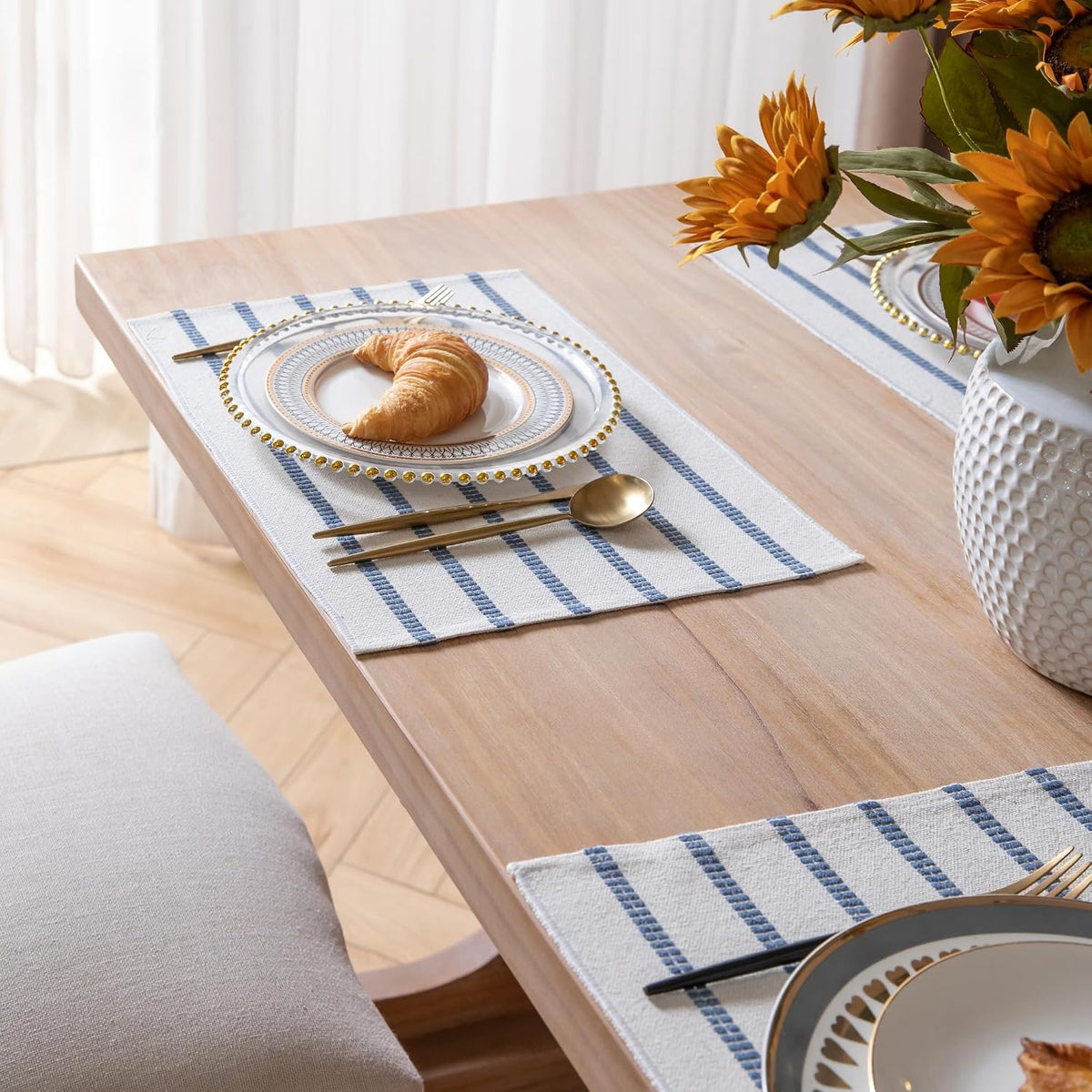 Caflife Boho Farmhouse Placemats Set of 6, Blue Stripes Cotton Linen Woven Table Mats for Modern Dining Table, 13x19