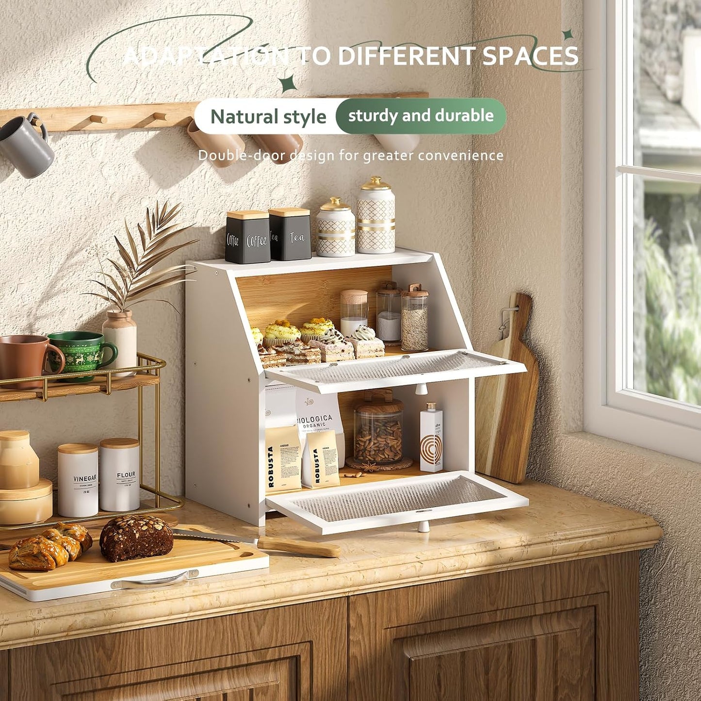 STDDRE Double Layer Bamboo Corner Bread Box with Cutting Board(White) | Extra-large capacity. Double Layer Bread