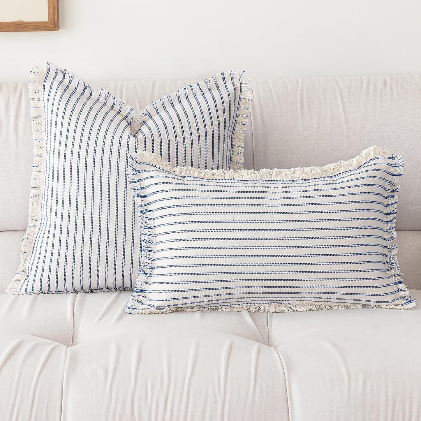Throw Pillow Covers Striped Fringe Pillow Cover Farmhouse Cushion Covers / Blue / 18 x 18 / Set of 2
