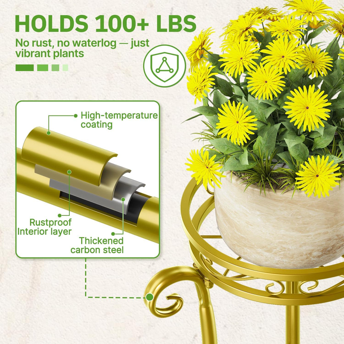 KMOTASUO 3 Tier Metal Plant Stand Tall for Indoor Outdoor Corner, Gold | Heavy Duty Flower Holder Rack, Modern Vertical