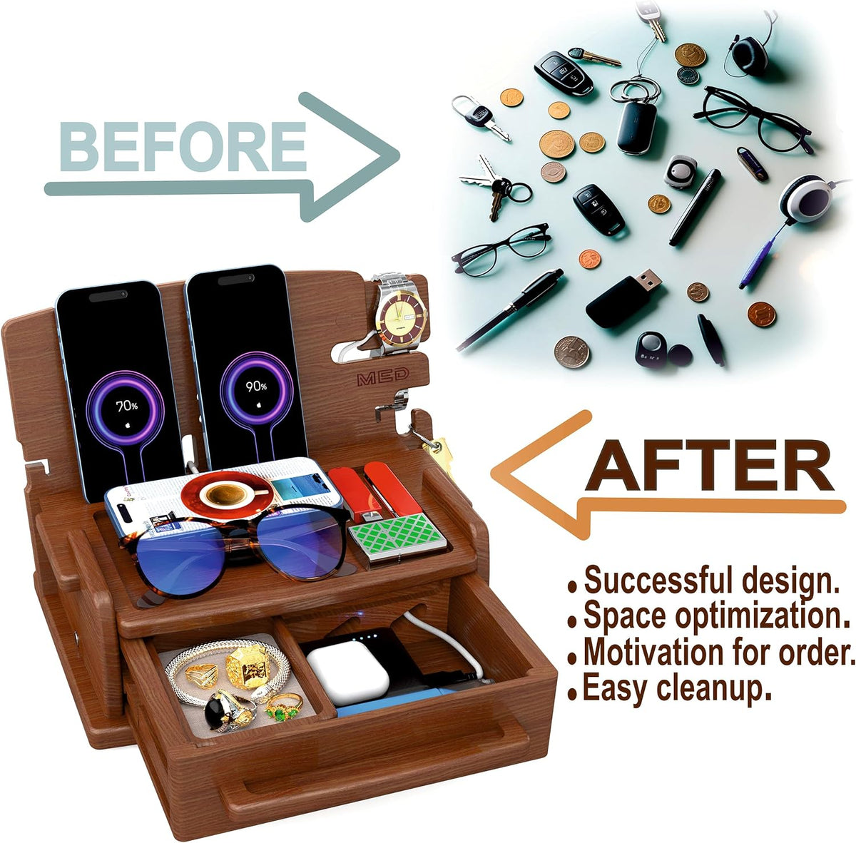 MED Wood Phone Docking Station for Men with Drawer — Nightstand & Desk Organizer for Husband & Dad — Key Holder, Wallet