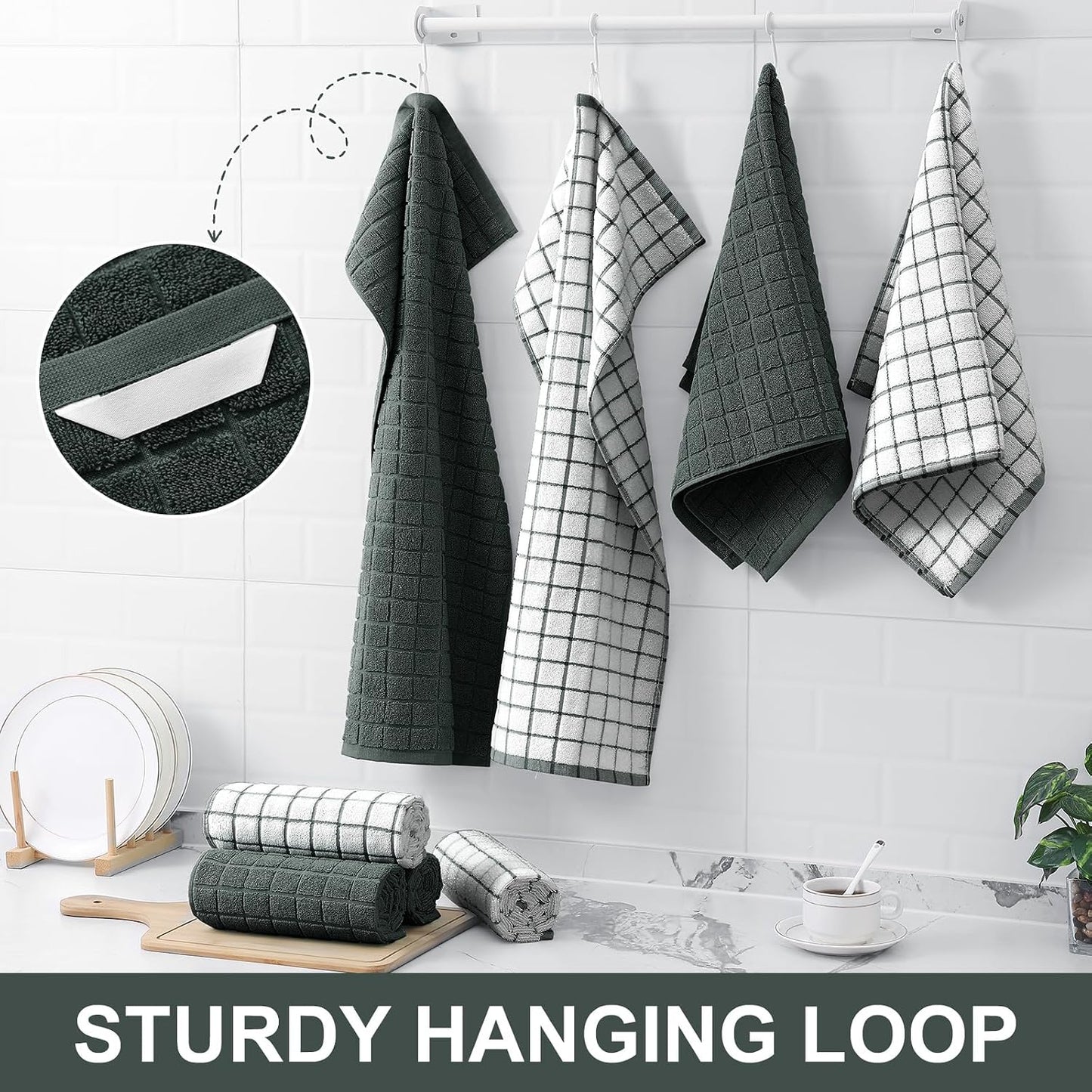 Homaxy Large Premium Cotton Kitchen Towels 16"x 28", 12 Pack, Dark Green | Natural Ring Spun 390 GSM Dish Towels, Super