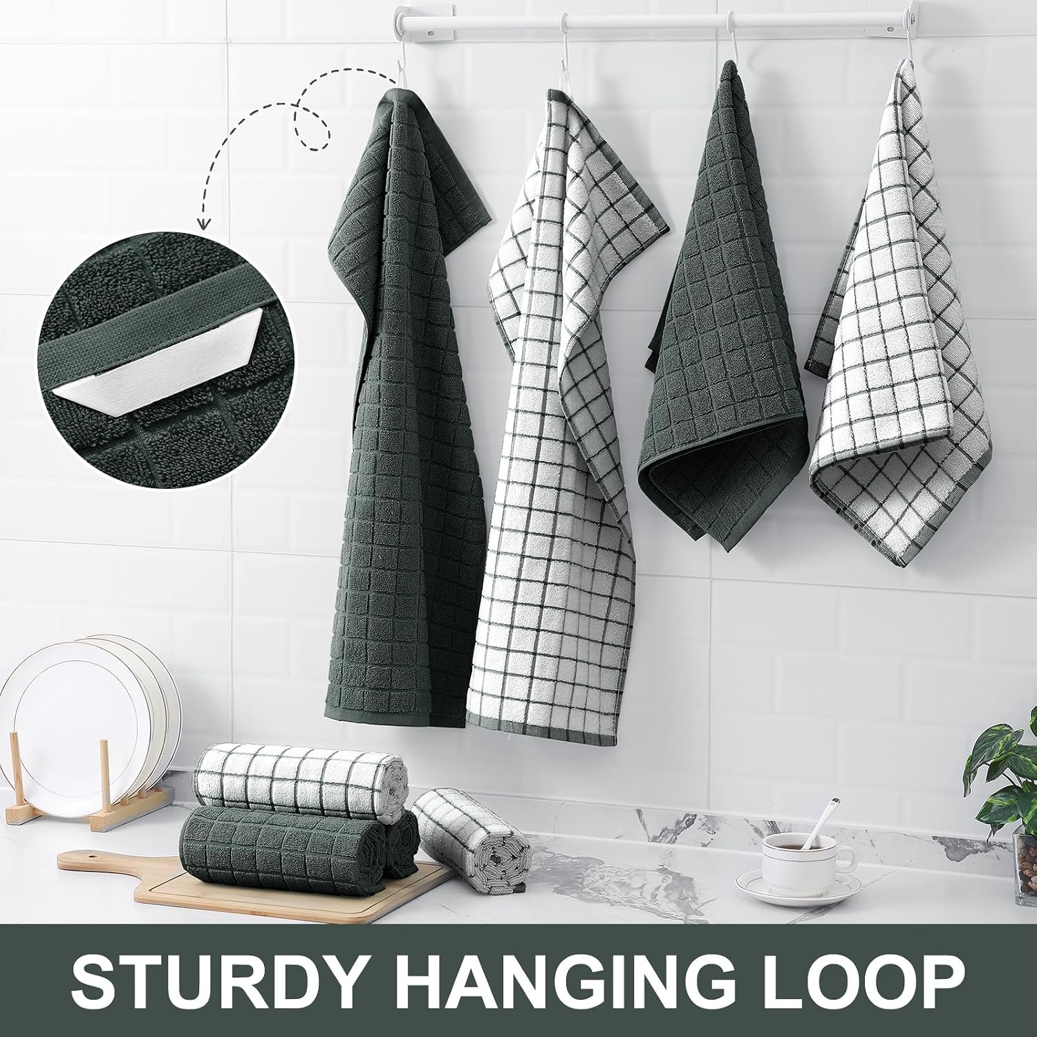 Homaxy Large Premium Cotton Kitchen Towels 16"x 28", 12 Pack, Dark Green | Natural Ring Spun 390 GSM Dish Towels, Super