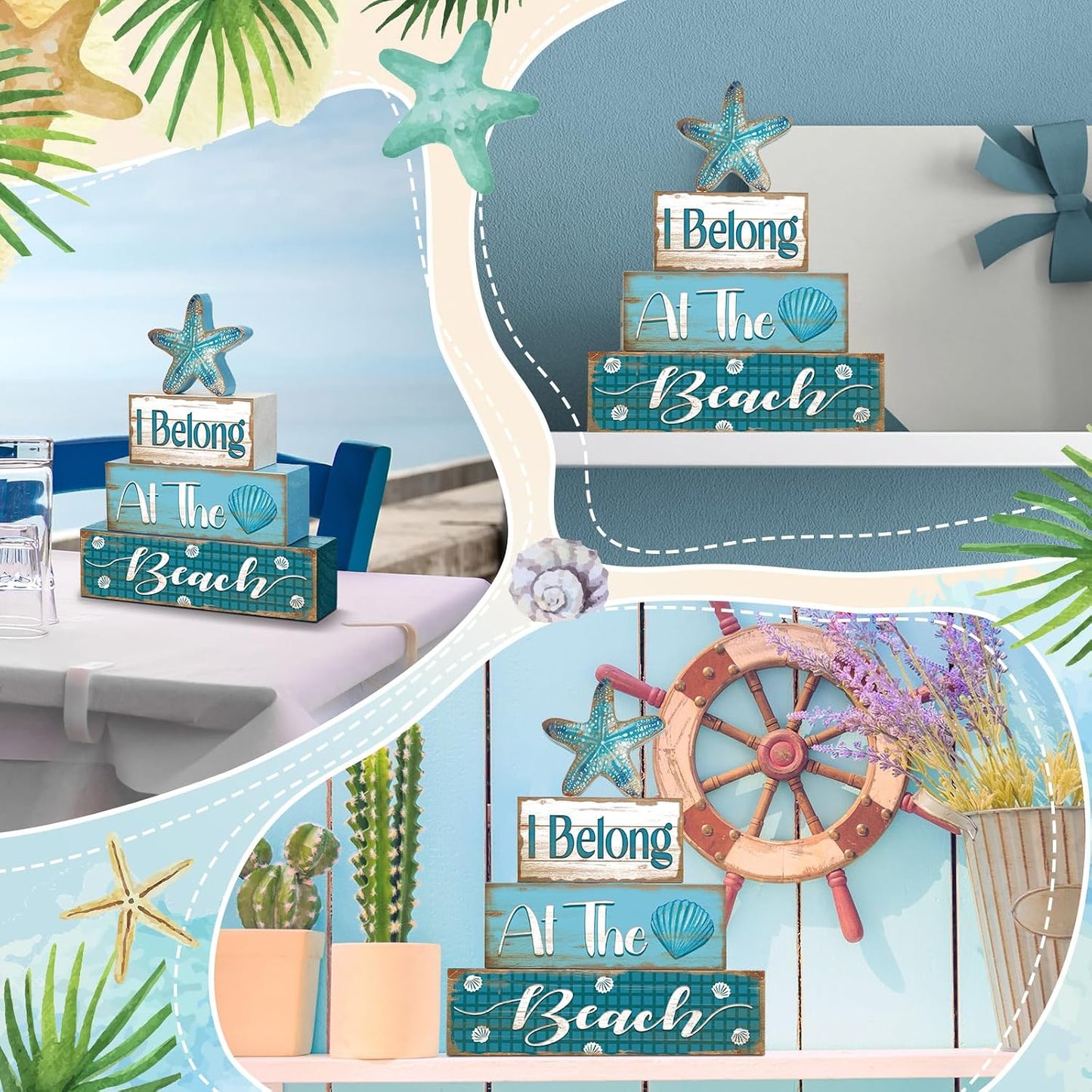 Starfish Decoration Summer Tiered Tray Decor At The Beach Wooden Sign / Starfish Style / Set of 4