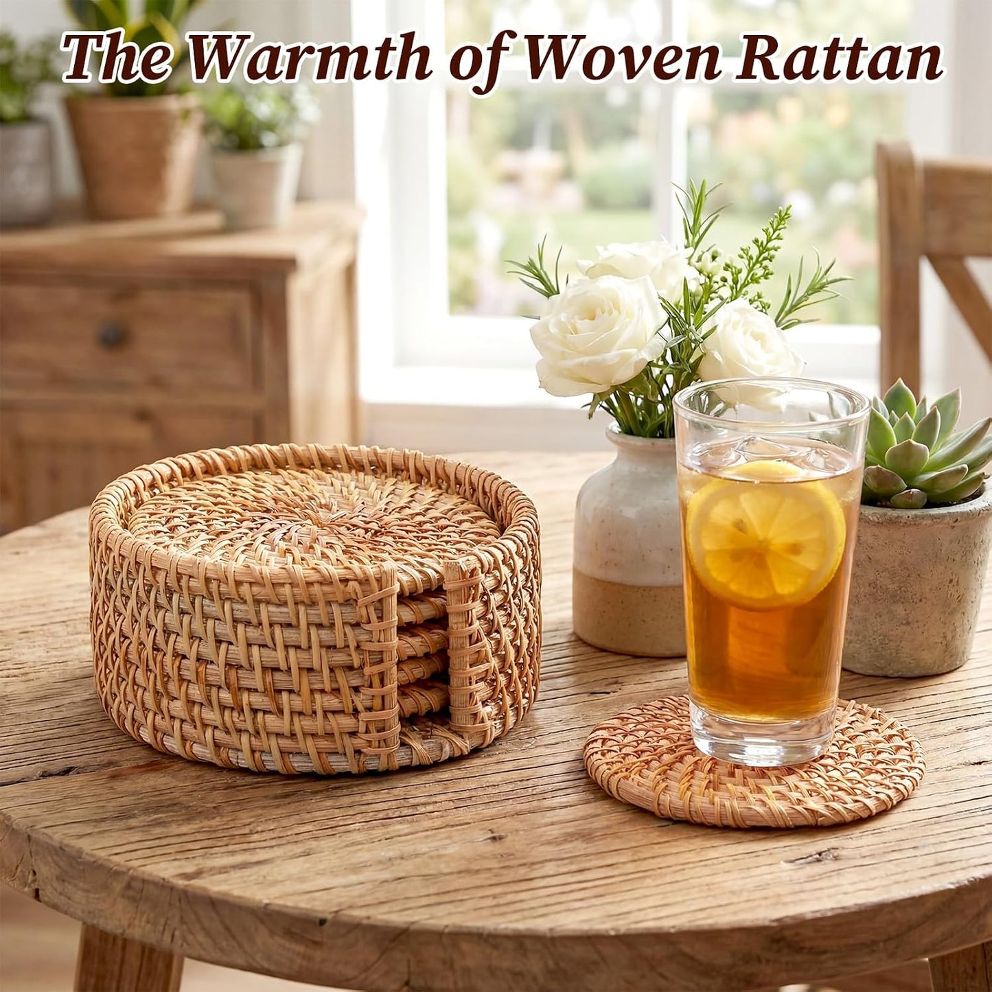 2 Holders / Rattan Coasters Set / Natural / Set of 12