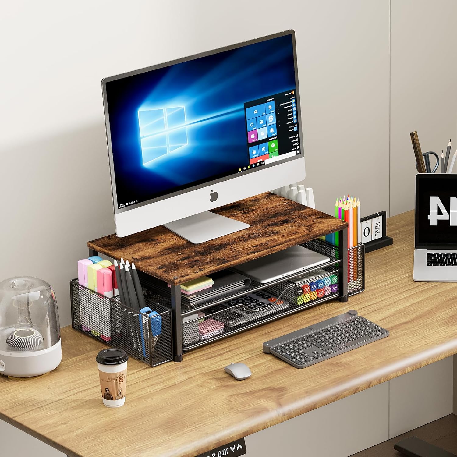 Desk Organizer and Accessories, 2-Tier Computer Monitor Stand Riser with Drawer and 2 Pen Holders, Laptop Stand, Office