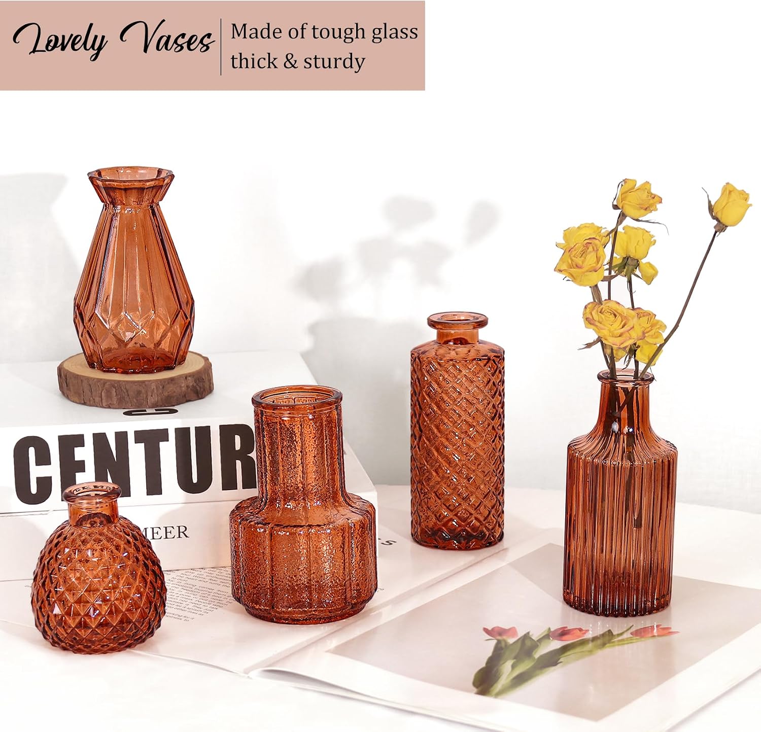 Bud Vases Set Small Vintage Glass Bottles Bud Vases in Bulk Multiple Shape / Dark Amber / Set of 36