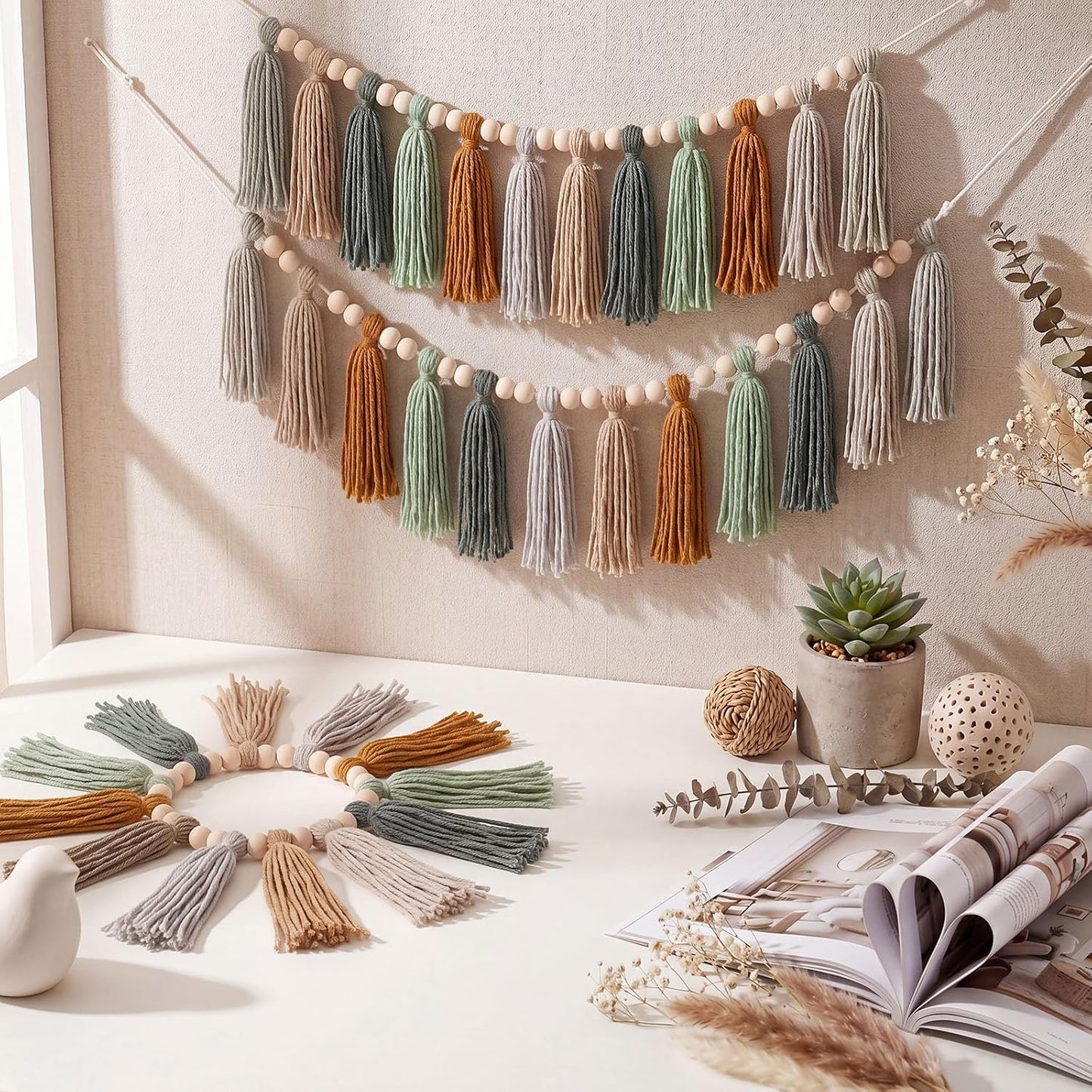 Tassel Garland Boho Wall Decor Colorful Pastel Tassel Wall Hanging / Sage Green / Set of 3