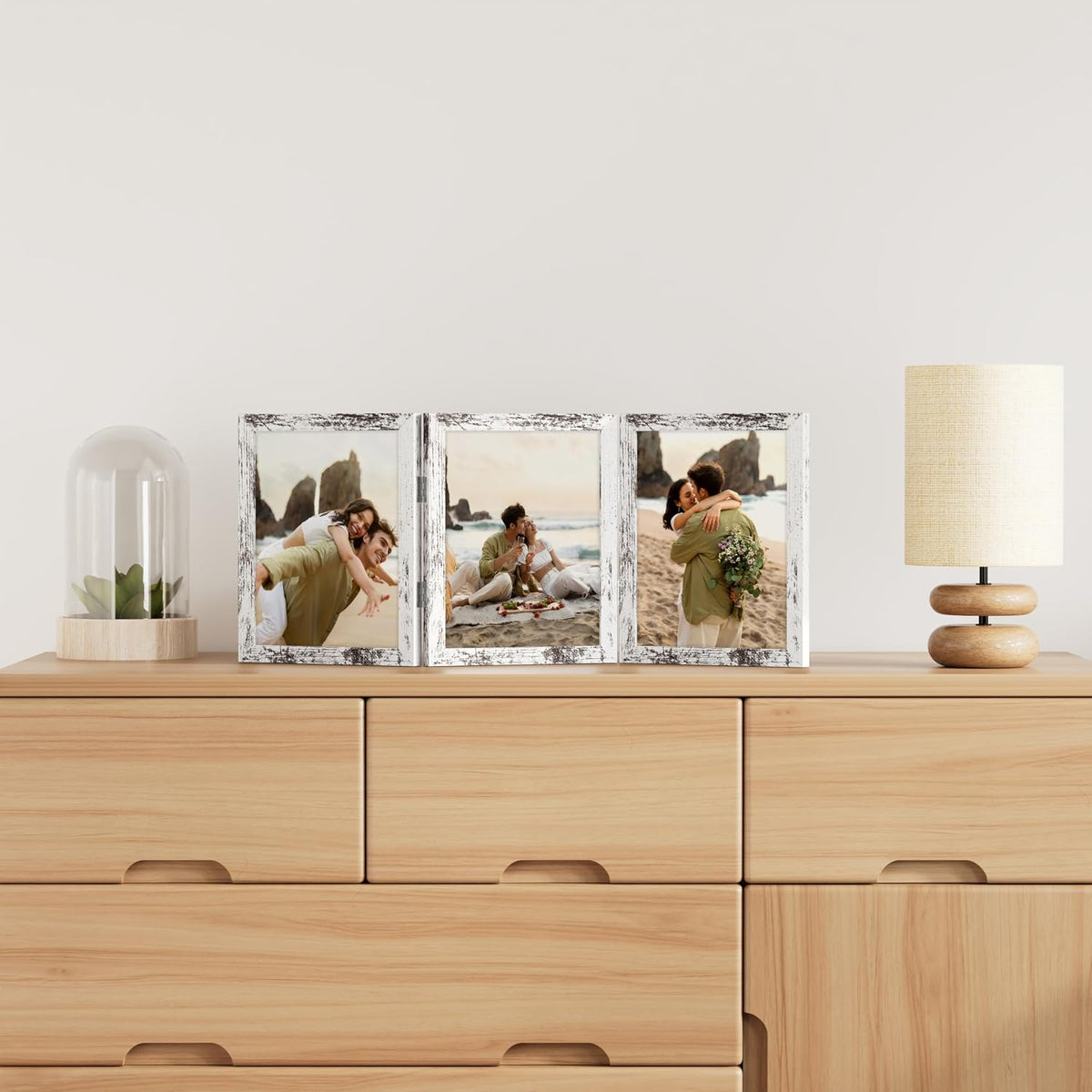 decorUhome Distressed White Triple 8x10 Picture Frame Vertical, MDDW08 | "Z" Shape Folding Design Engineered Wood