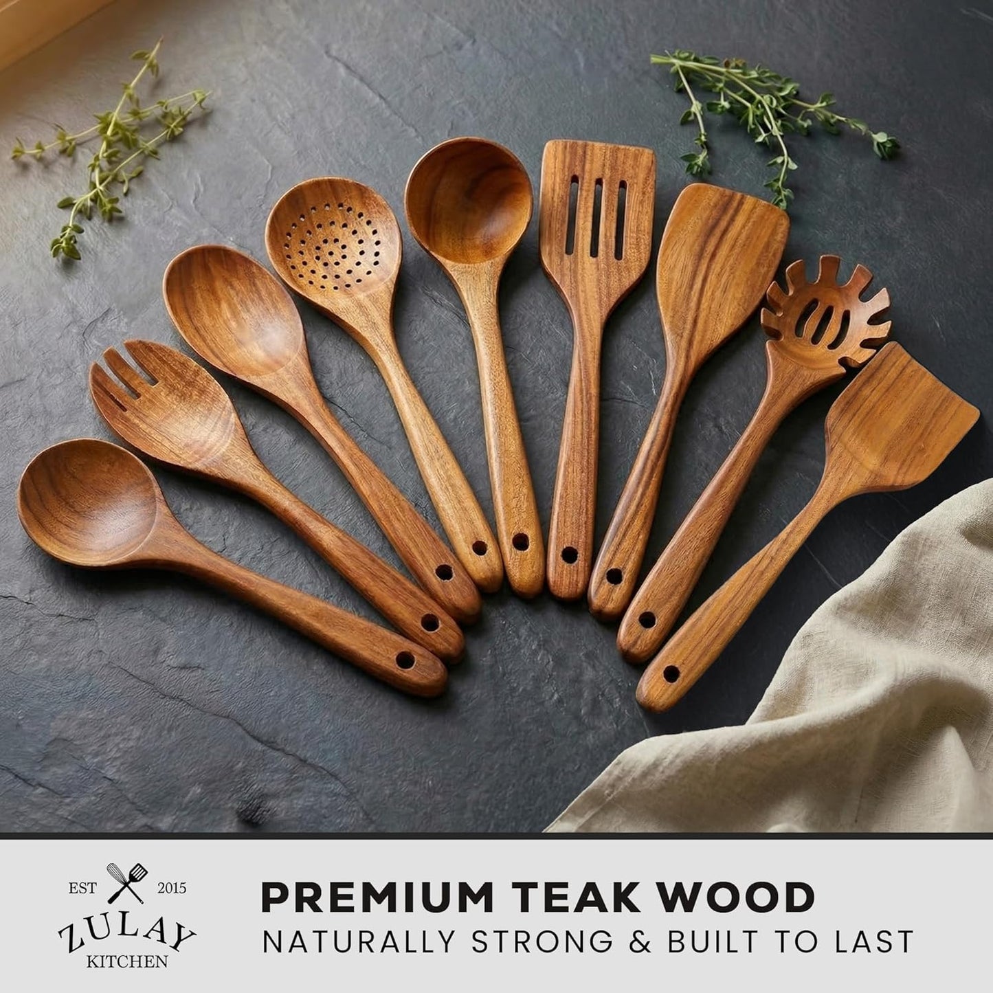 Zulay Kitchen 9-Piece Teak Wood Cooking Utensil Set – Non-Toxic & Non-Stick Safe Wooden Spoons & Kitchen Tools with