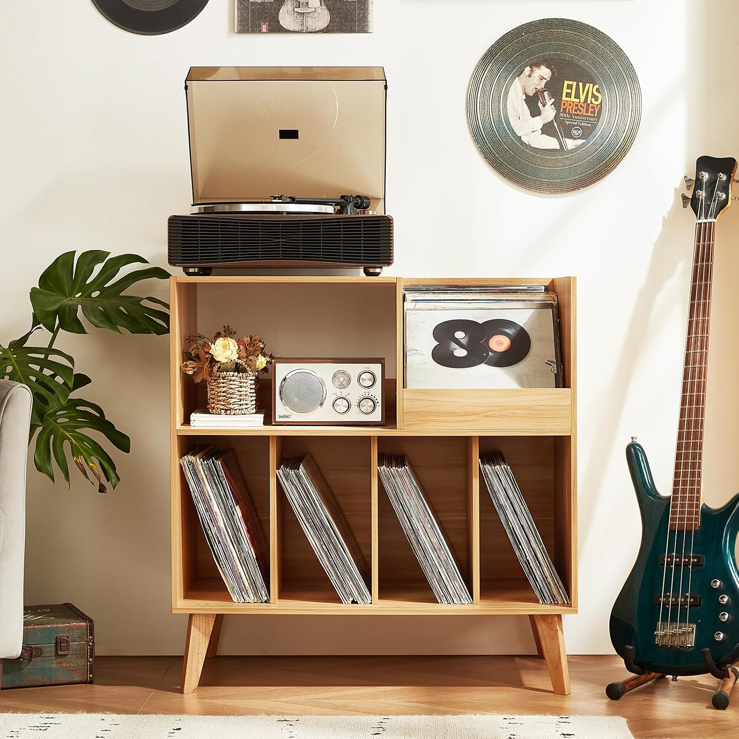 Large Record Player Stand Holds Up to 300 Albums | Natural Wood Turntable Stand, Vinyl Holder with Display Area, Record