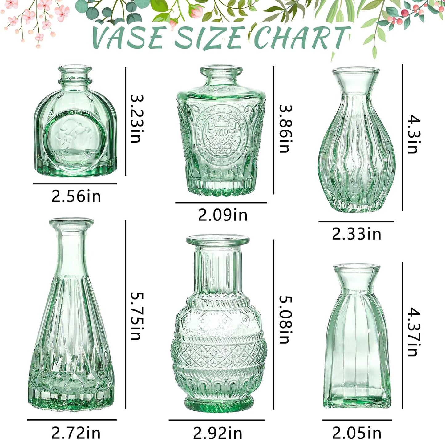 Glass Bud Vase Set / Green / Set of 6
