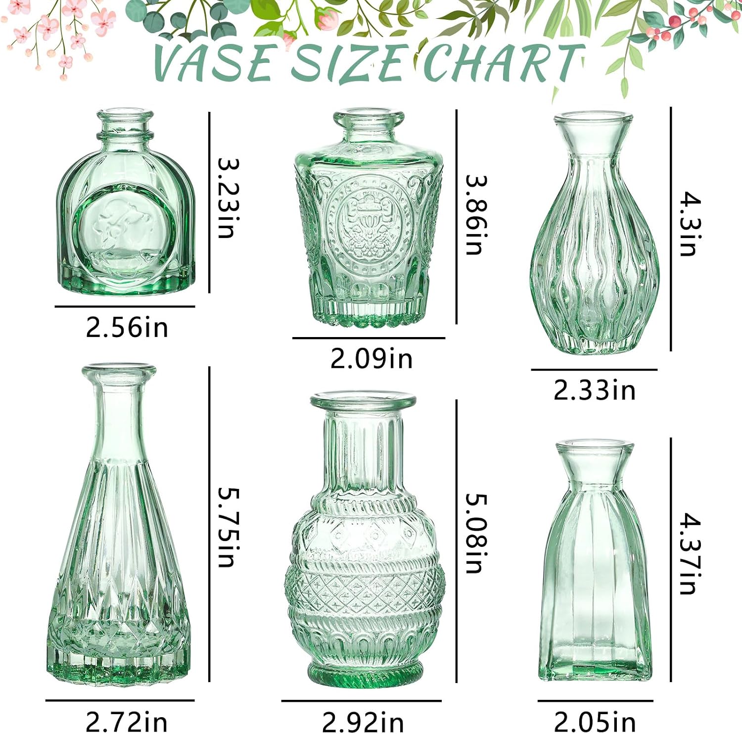 Glass Bud Vase Set / Green / Set of 6