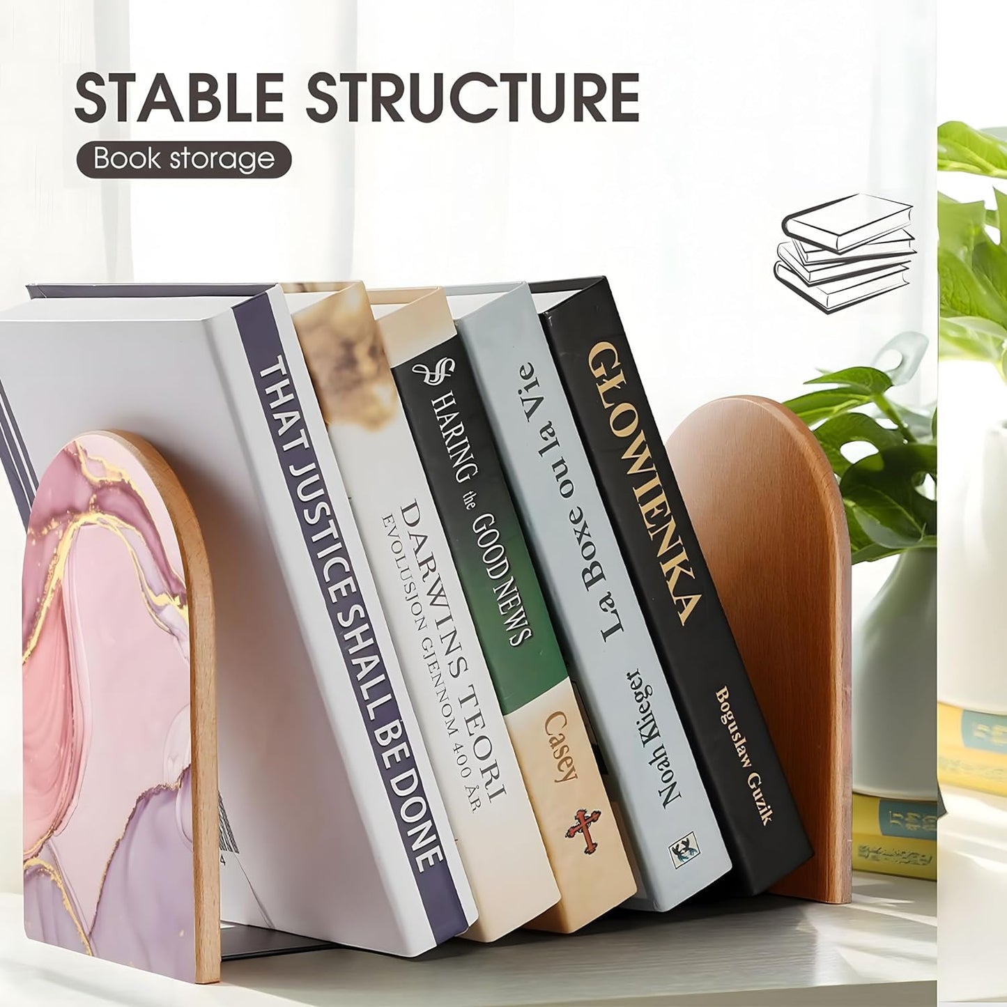 Wood Bookends / Glitter Rose Gold Marble Book Ends Book Stand Supports / Pink / Set of 2
