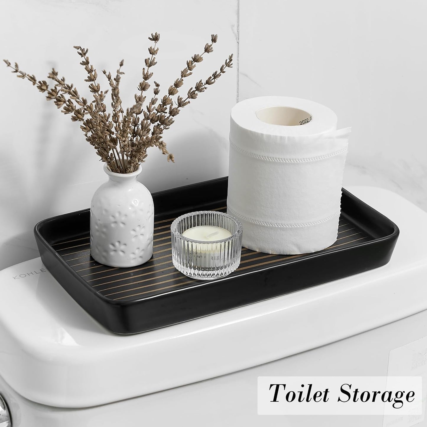 2PC Rectangle Striped Tray / Black Color with Golden Stripes- Large / Set of 2