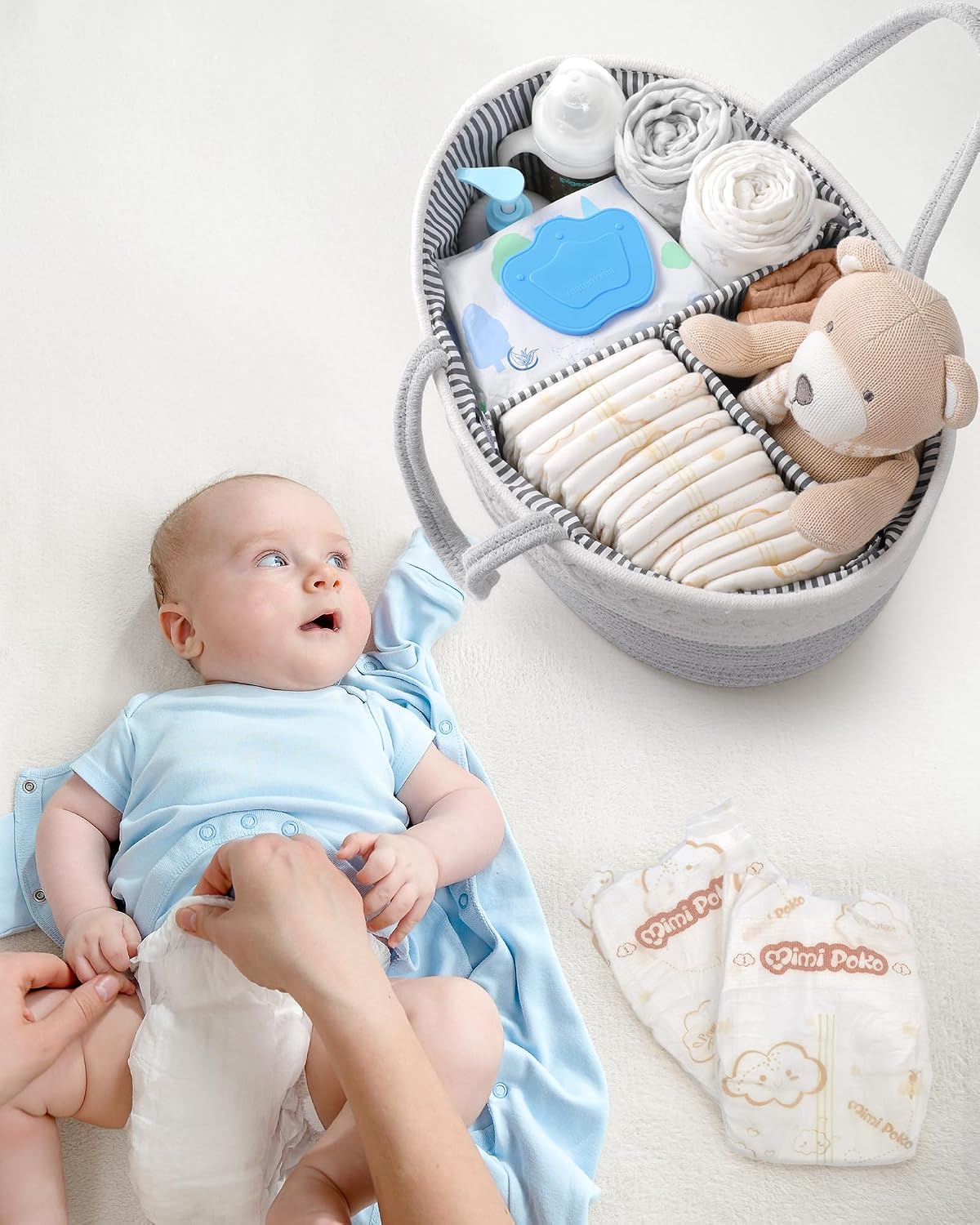 Diaper Caddy Organizer for Baby Boy- Cotton Rope for Changing Table / Large / Grey