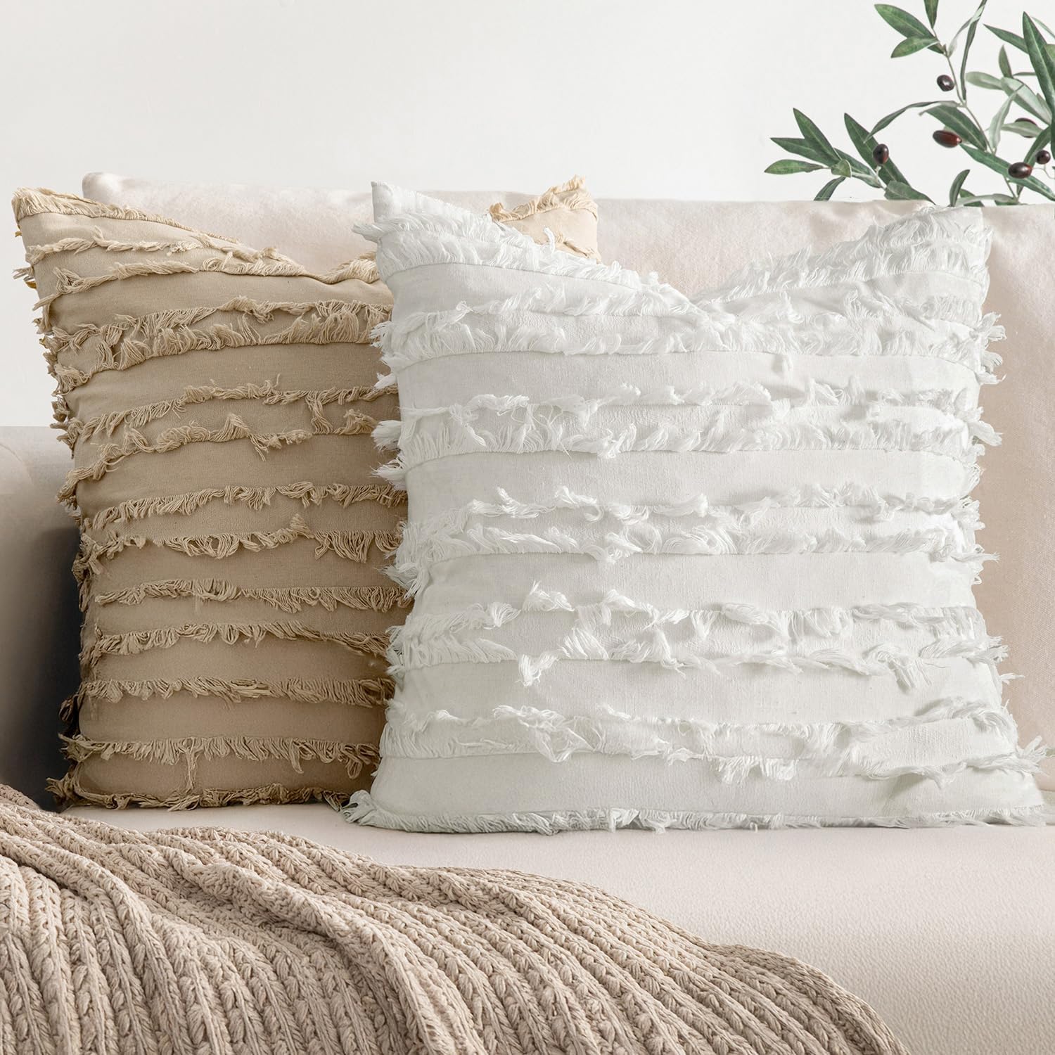 Decorative Boho Throw Pillow Covers Linen Striped Jacquard Pattern / 18 x 18 / White / Set of 2
