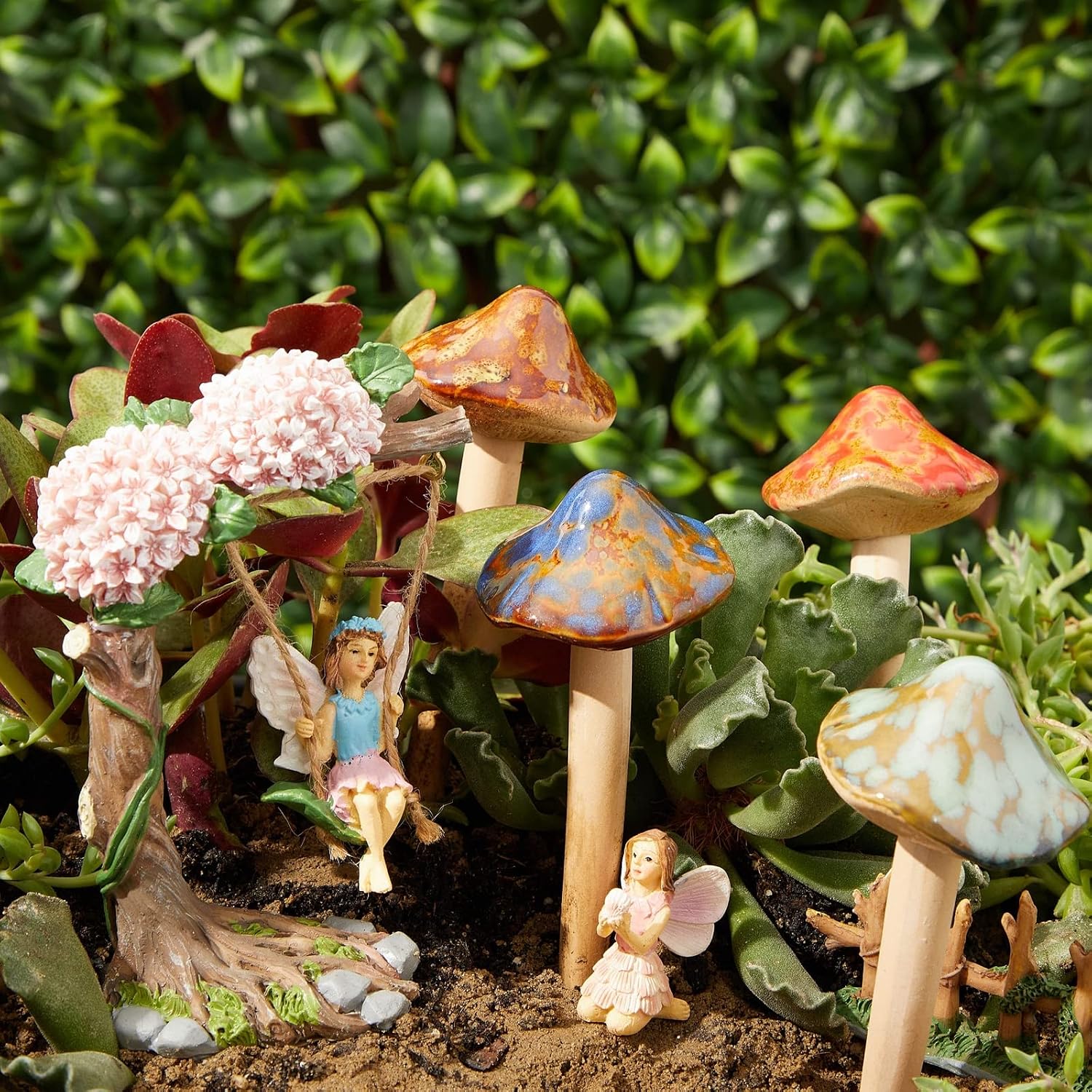 Ceramic Outdoor Mushrooms Plant Stakes / Brown / 5 Inch / Set of 4