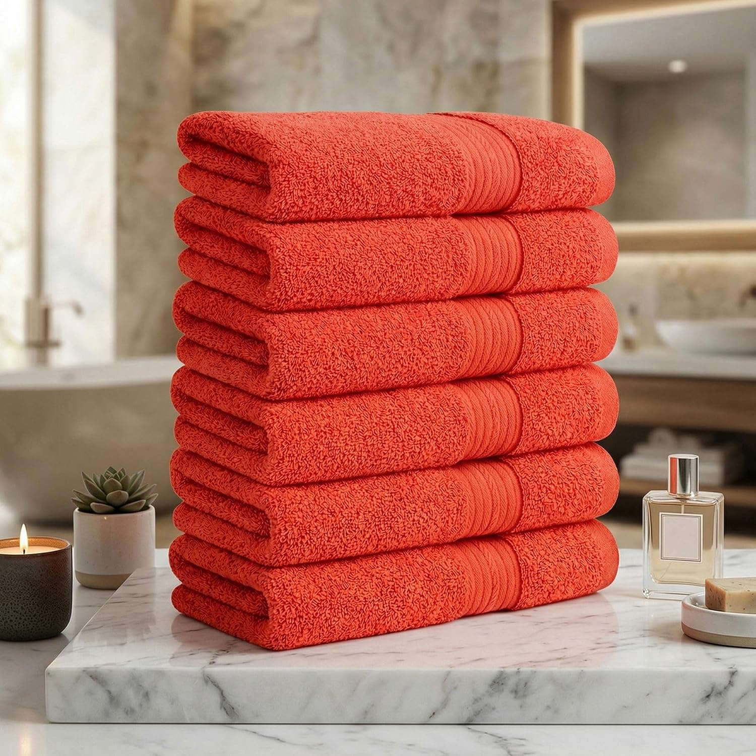 100% Cotton Hand Towels 18x28 Inches, 600 GSM, Soft & Absorbent, Set of 6, Orange