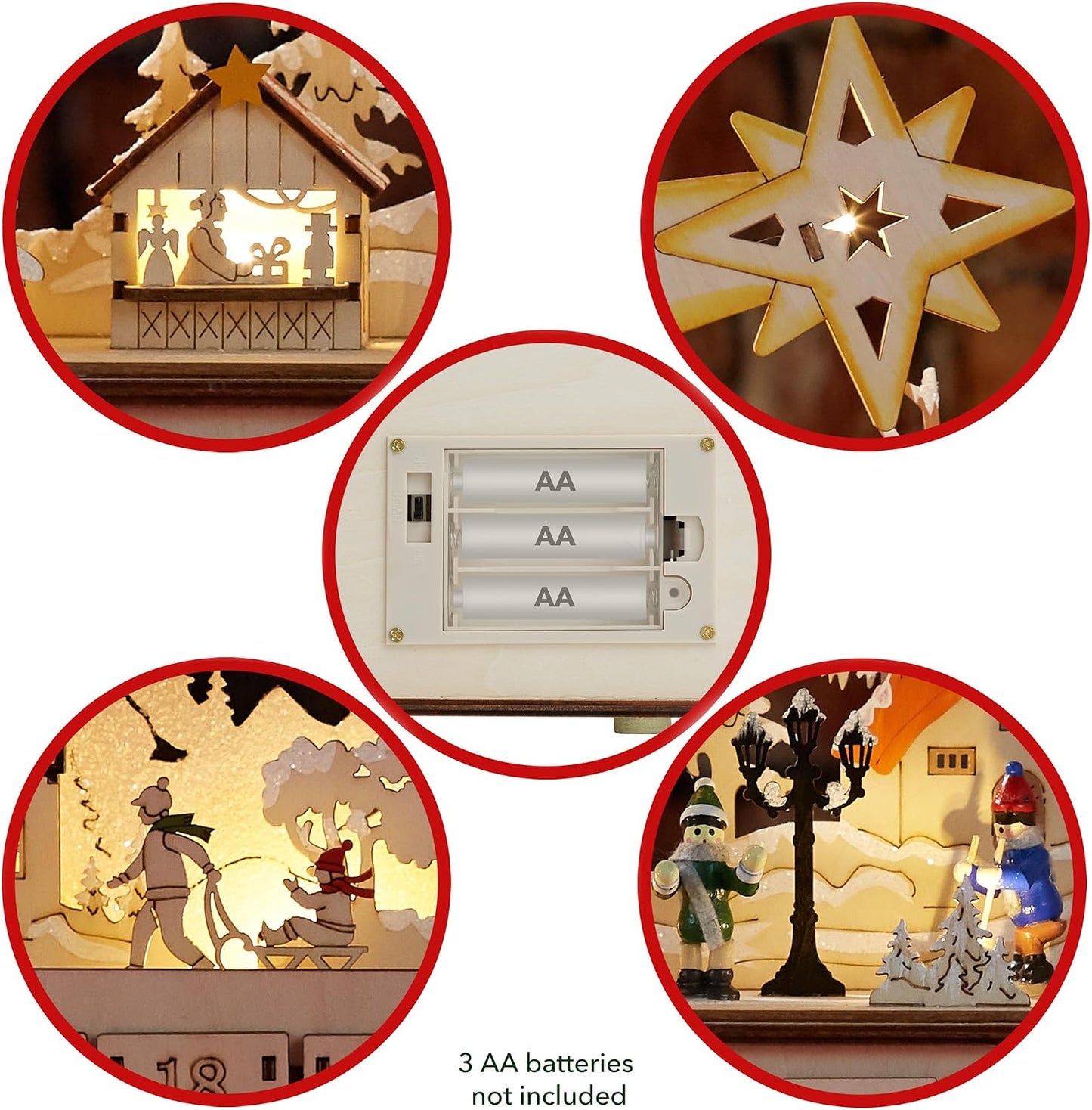 Casafield Wooden Christmas Advent Calendar, Pre-Lit with Drawers Holiday Decoration with Shooting Star and LED Light-Up