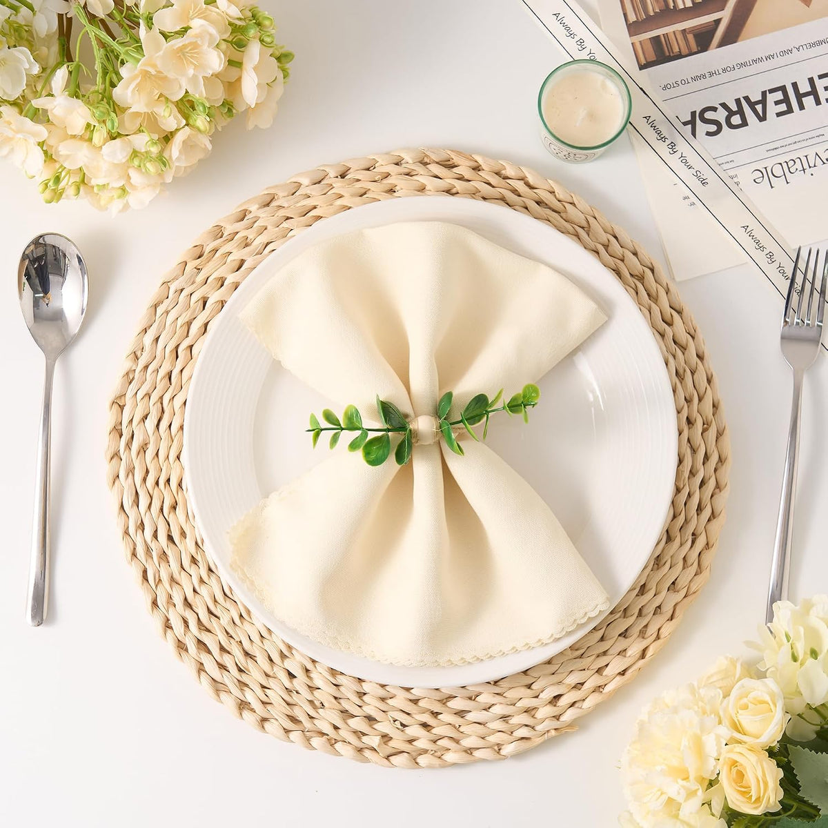 APTWOW Spring Napkin Rings Set of 12, Boho Eucalyptus Leaf Napkins Rings, Wood Bead Farmhouse Easter Napkin Holder for