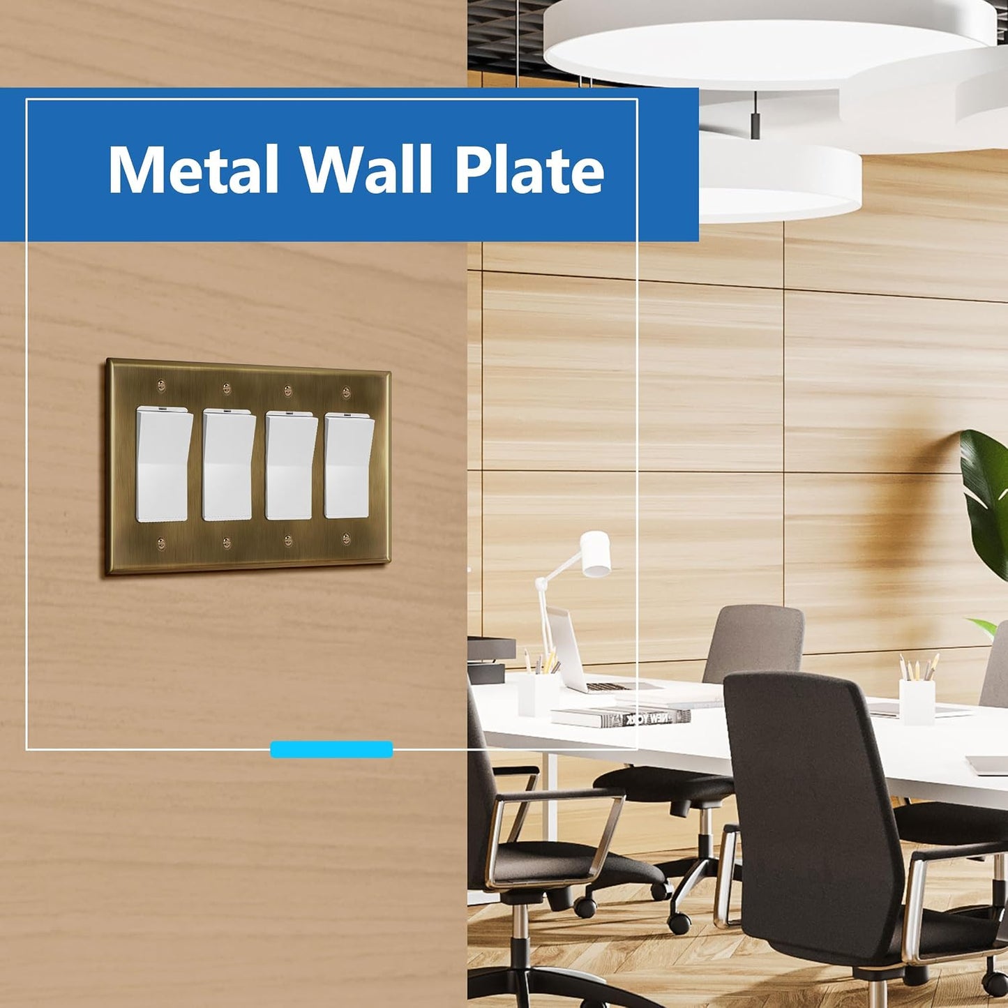 LIDER Decorator Switch or Receptacle Metal Wall Plate, Mid-Size 4-Gang | Corrosion Resistant, Outlet Cover, Plated